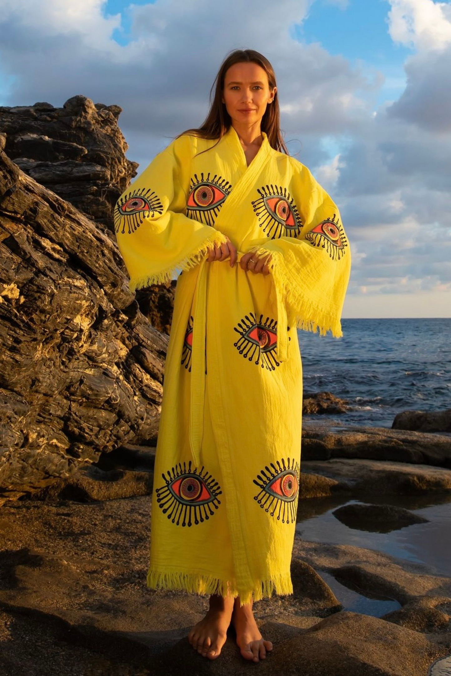 EVIL EYE COTTON KIMONO ROBE IN SUNRISE YELLOW