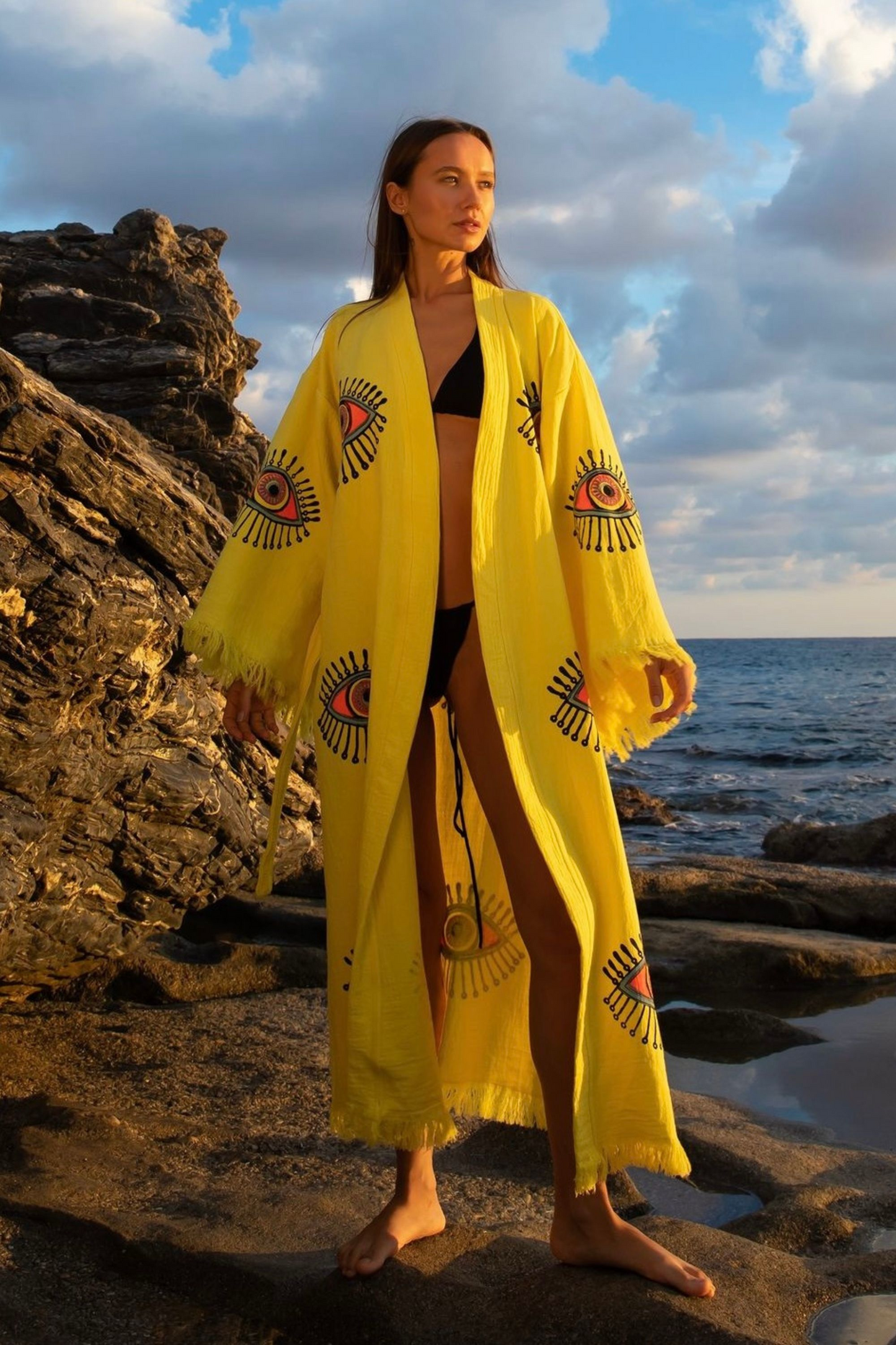 EVIL EYE COTTON KIMONO ROBE IN SUNRISE YELLOW