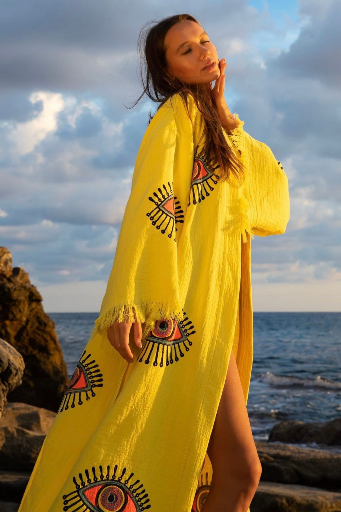 EVIL EYE COTTON KIMONO ROBE IN SUNRISE YELLOW