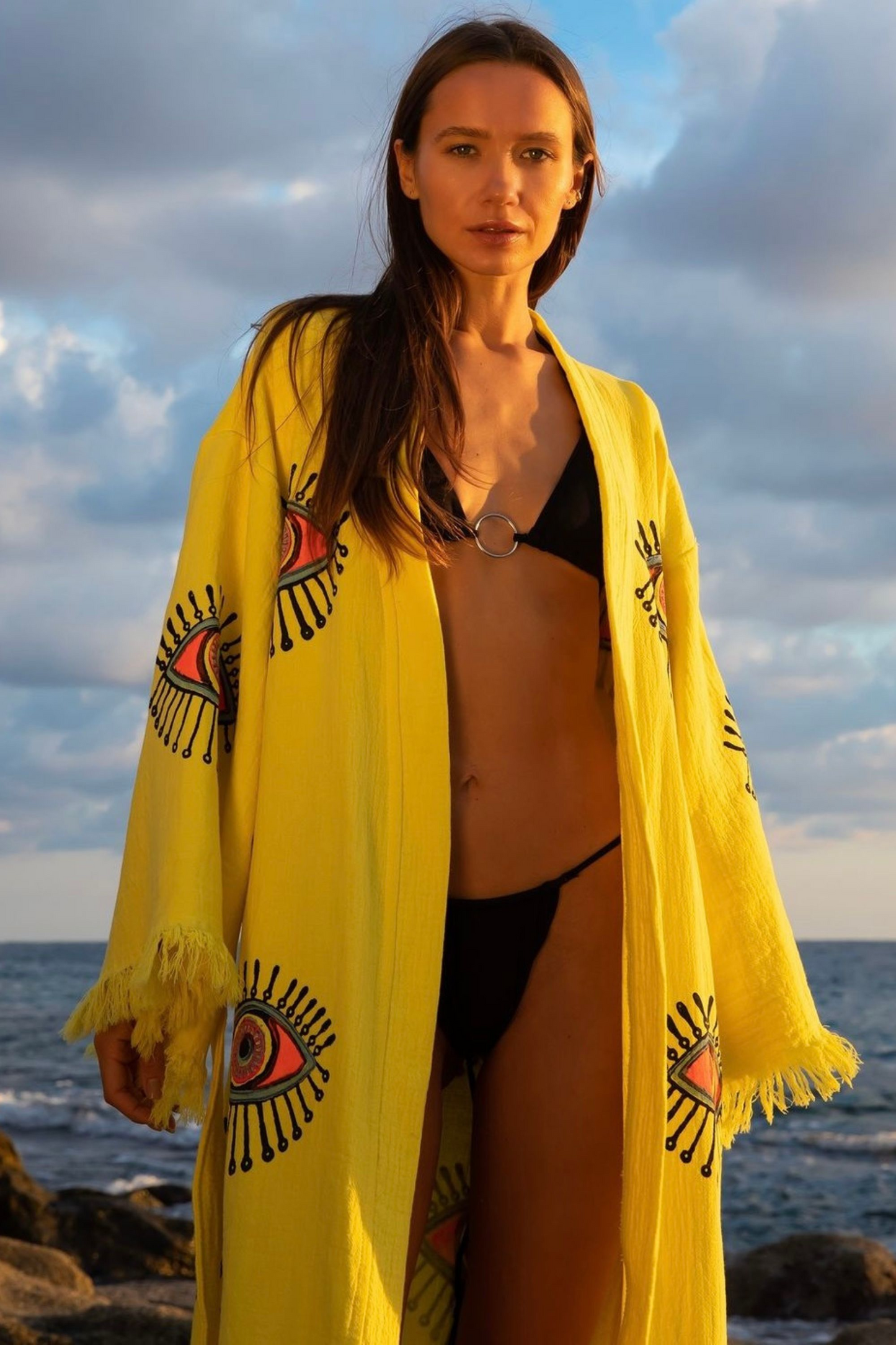 EVIL EYE COTTON KIMONO ROBE IN SUNRISE YELLOW