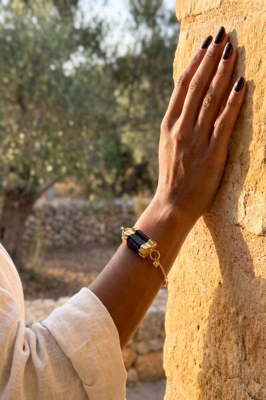 Gold-plated Black tourmaline crystal bangle by Meraki Beach - Wear Your Energy Crystal Collection.