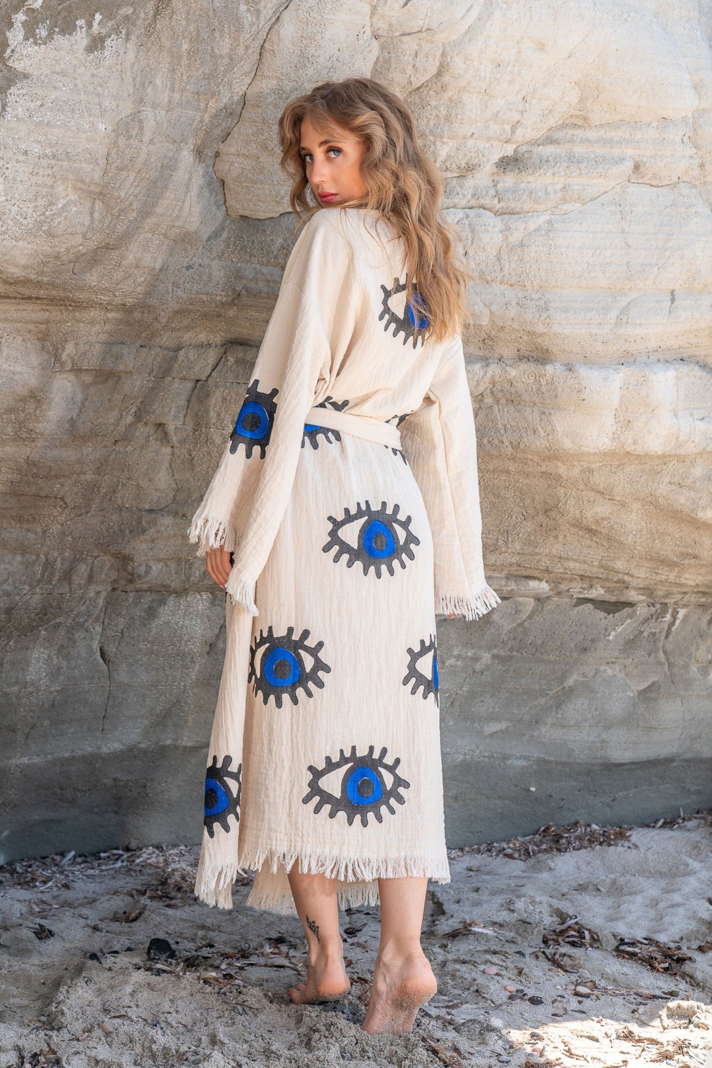 BLUE EVIL EYE KIMONO IN NATURAL