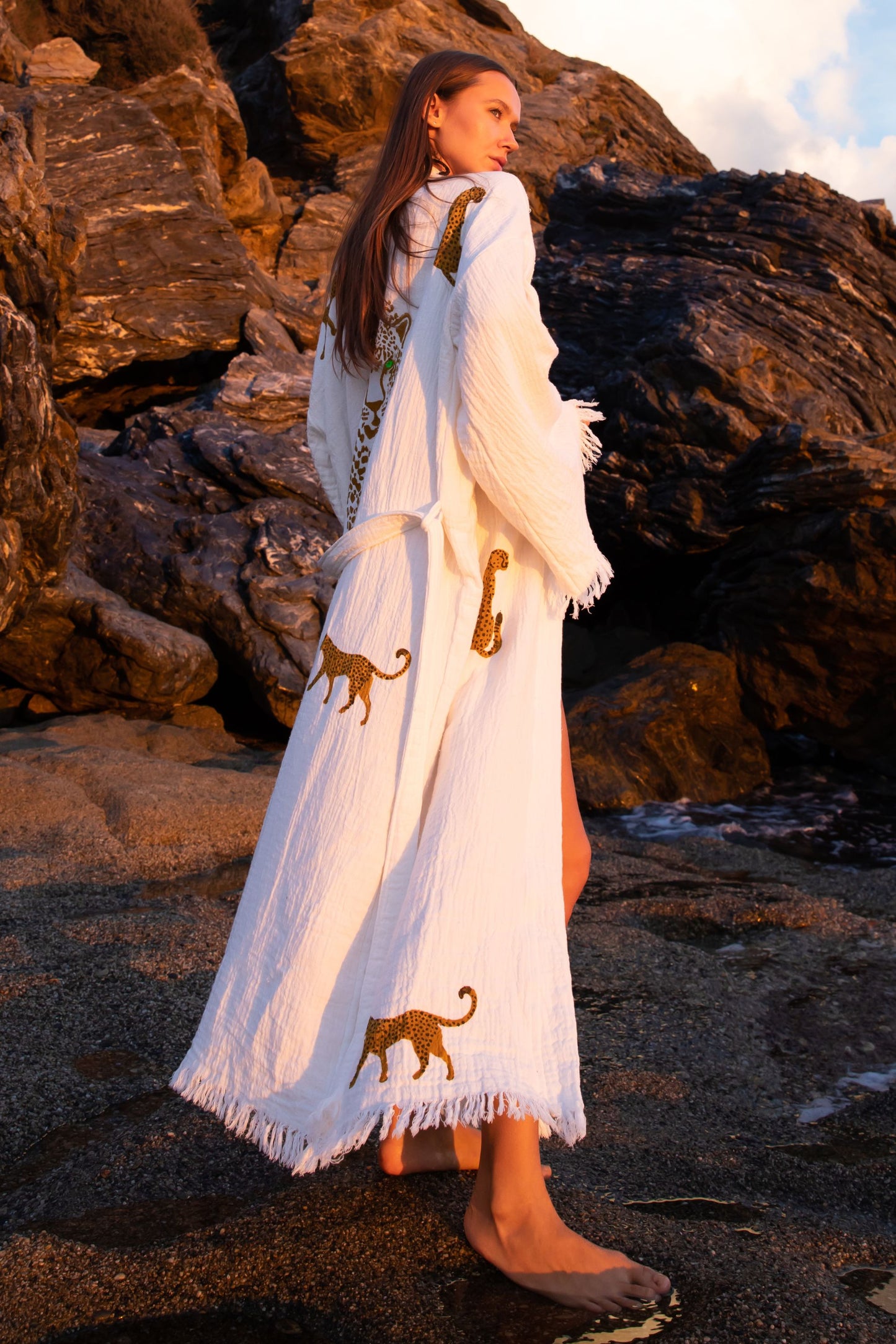 LEOPARD CREAM AND BROWN ORGANIC COTTON KIMONO