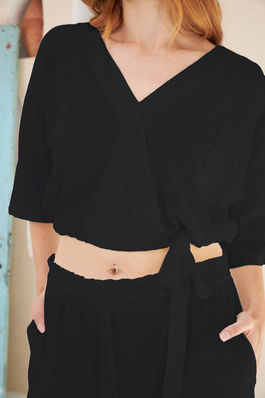 PRANA BLACK ORGANIC COTTON WRAP TOP BY MERAKI BEACH