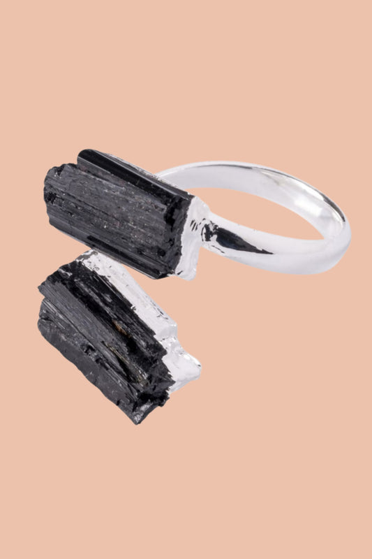 BLACK TOURMALINE Double Point Crystal Silver Plated Ring by Meraki Beach - Wear Your Energy Crystal Collection.