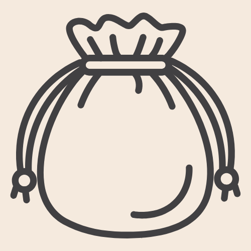 A minimalist dark gray line art icon of a drawstring money bag on a solid light beige background.