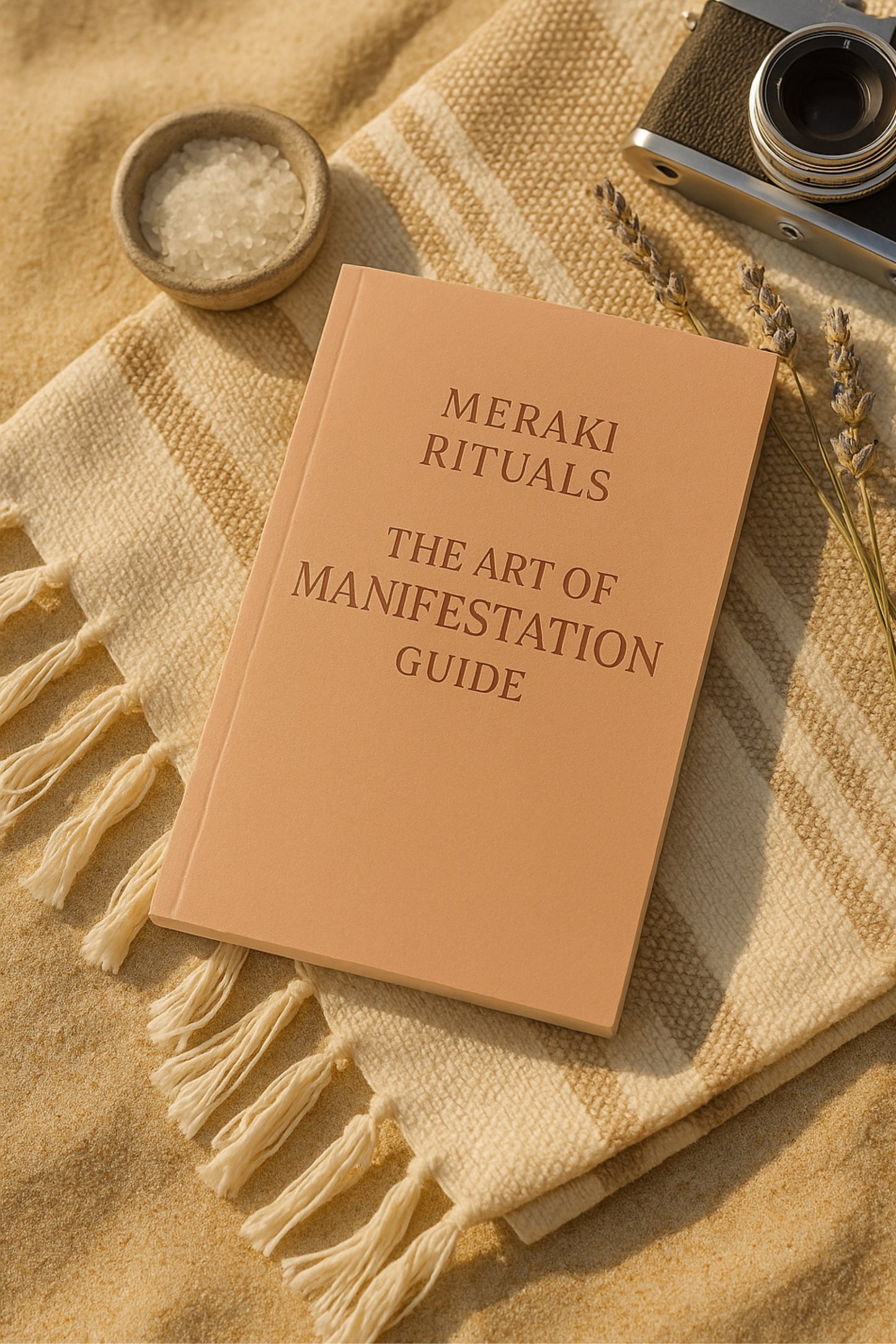 Book titled 'The Art of Manifestation Guide' by Meraki Rituals on a textured surface with a camera and small bowl.