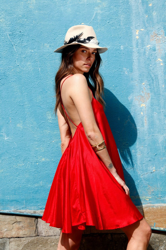 Silk slip dress in Shakti red - Meraki Beach