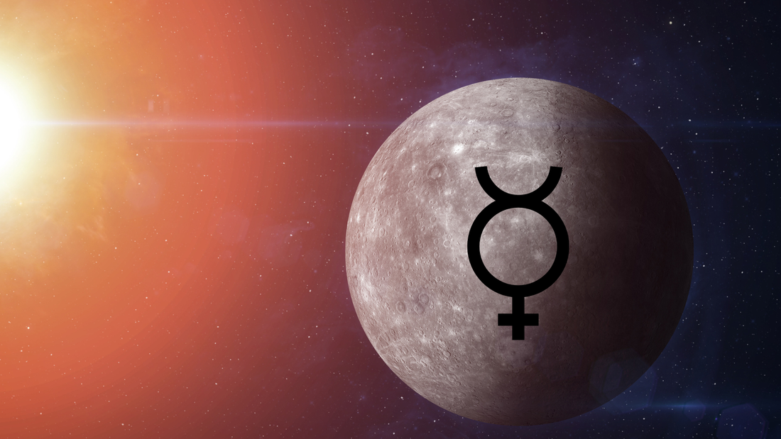 Planet Mercury in retrograde orbit with soft golden cosmic tones — symbolising reflection, mindfulness, and slow living during Mercury Retrograde in Sagittarius