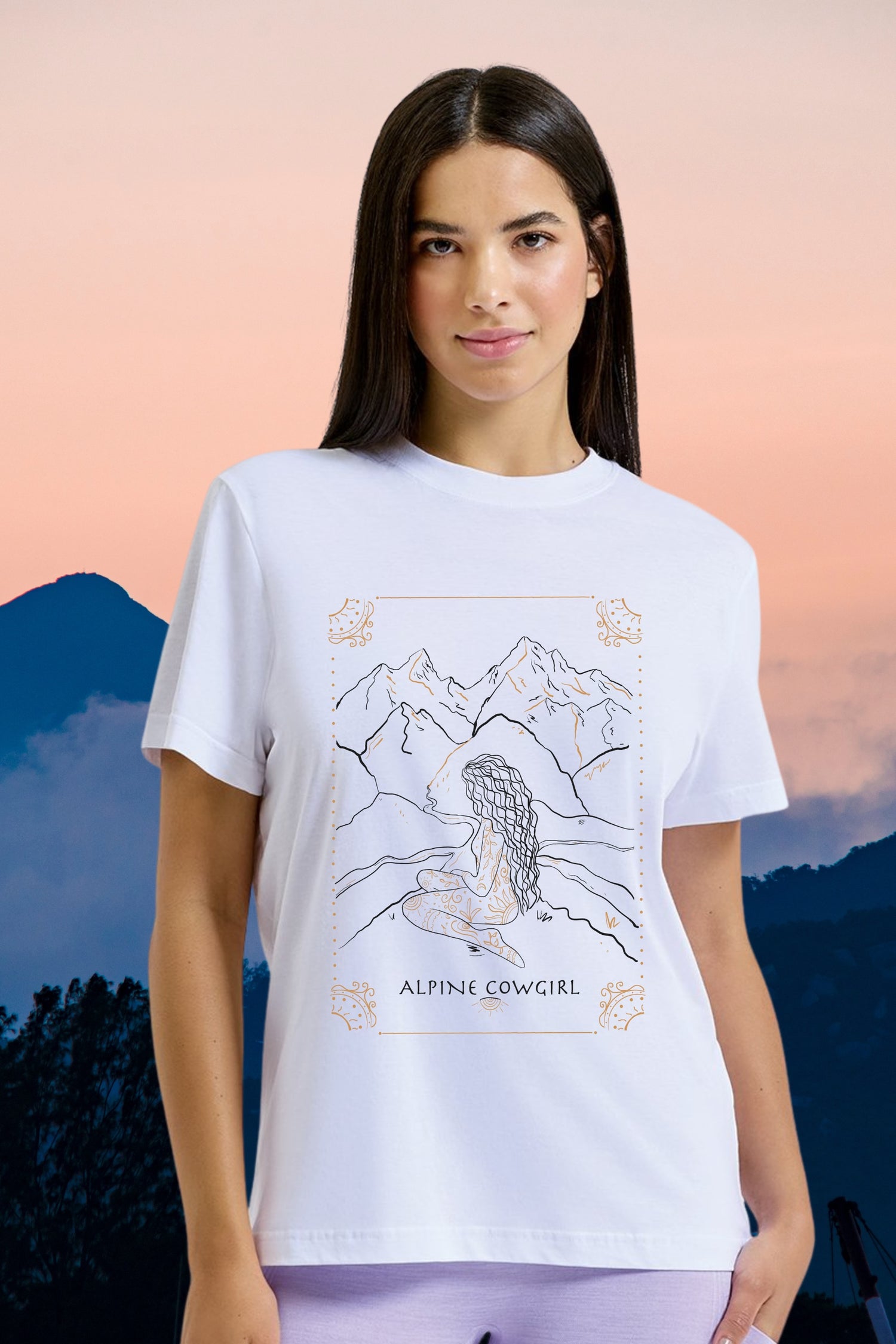 Alpine Cowgirl oversized organic cotton graphic tee
Woman wearing Alpine Cowgirl boxy t-shirt with cowboy boots
Sustainable western inspired organic cotton tee close up print detail
Alpine Cowgirl earth tone oversized t-shirt relaxed fit