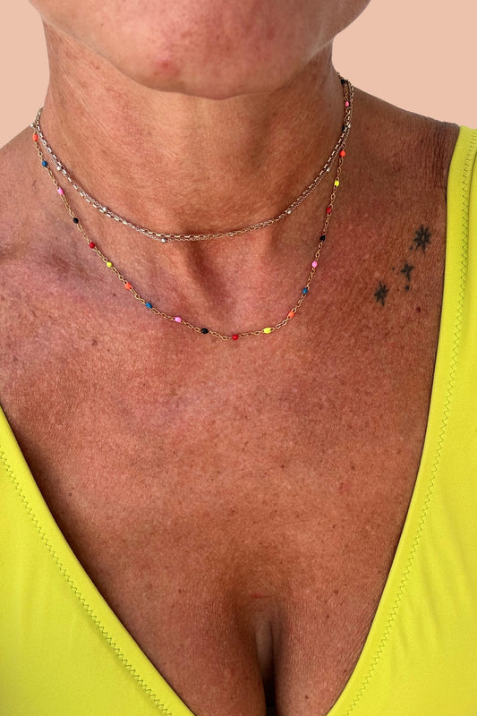 AURA NEON BEADS AND GOLD LAYERING NECKLACE BY MERAKI BEACH.