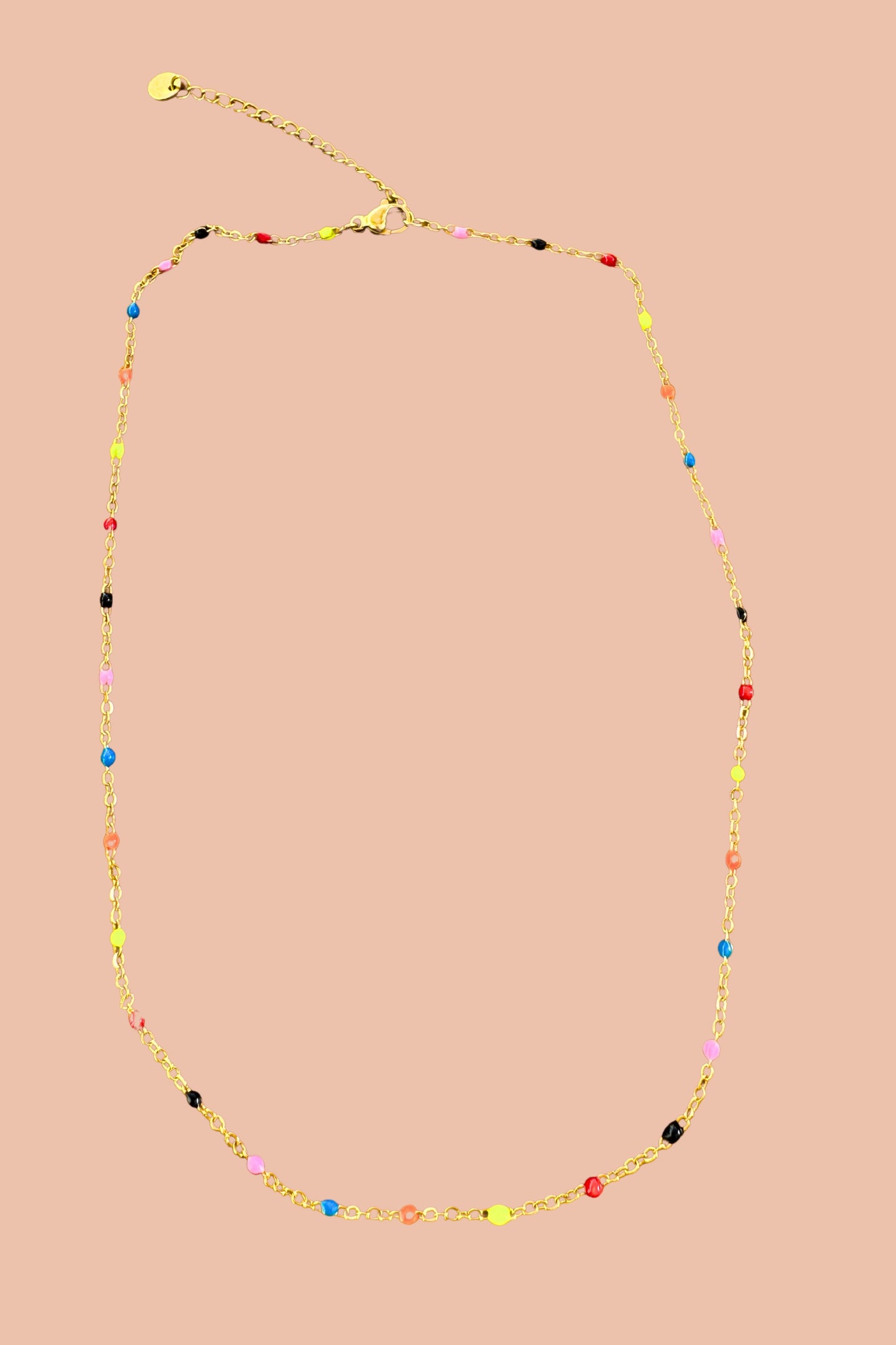 AURA NEON BEADS AND GOLD LAYERING NECKLACE BY MERAKI BEACH.