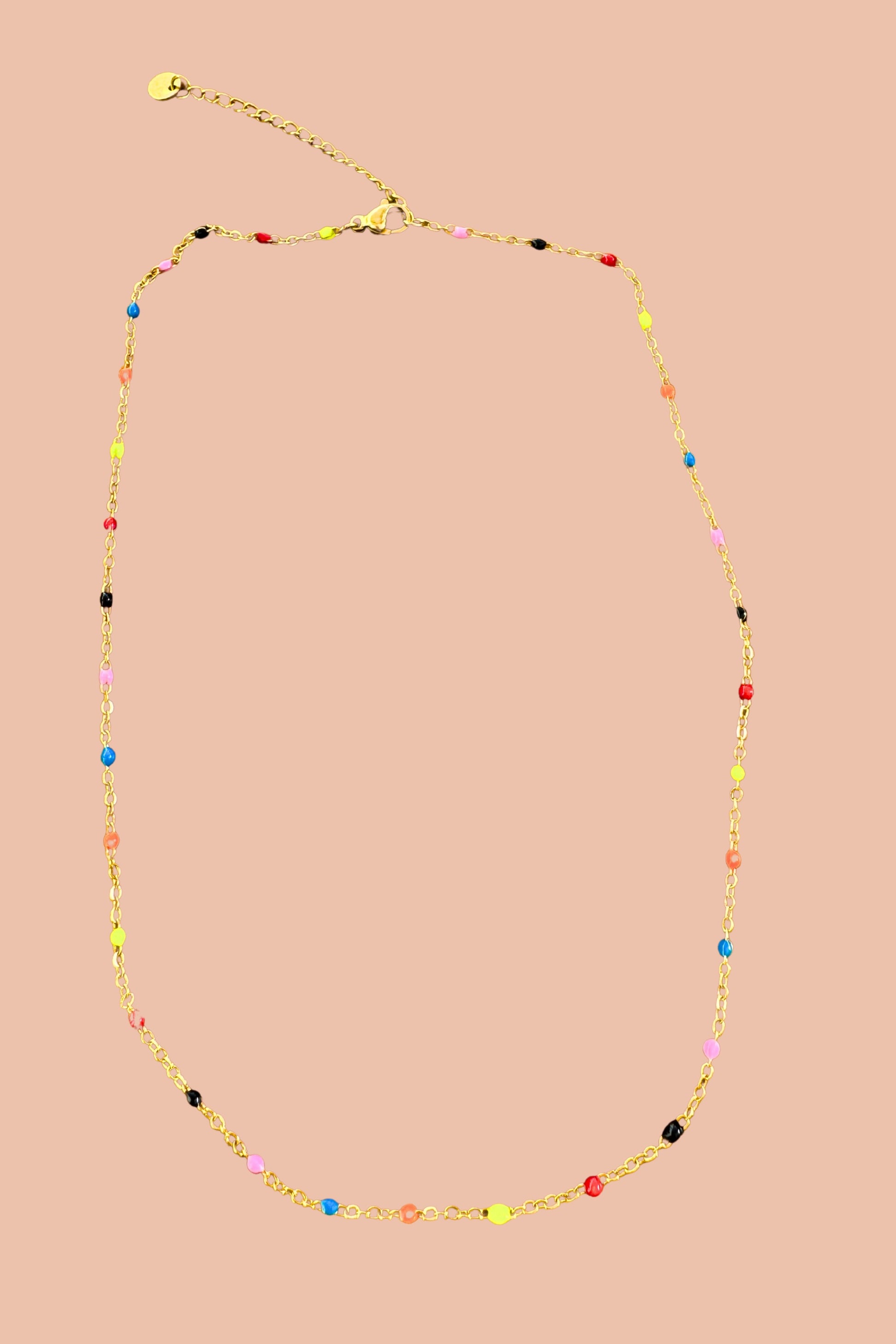 AURA NEON BEADS AND GOLD LAYERING NECKLACE BY MERAKI BEACH.