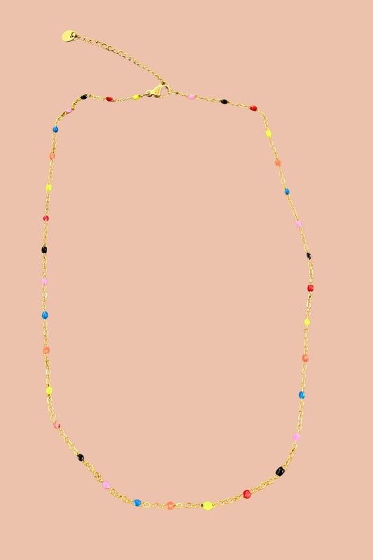 AURA NEON BEADS AND GOLD LAYERING NECKLACE BY MERAKI BEACH.