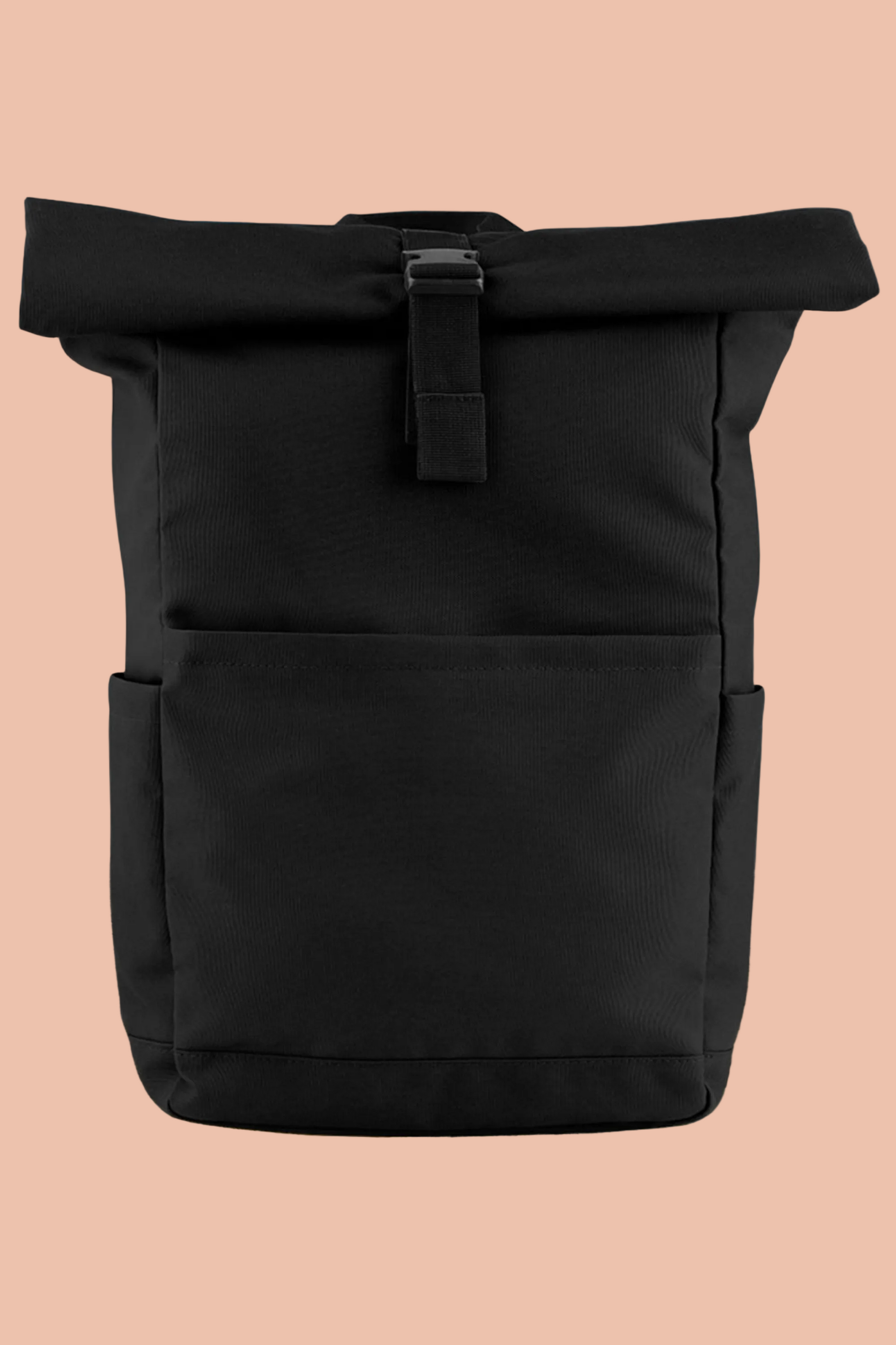 Unisex AVENTURA roll-top backpack in Black by Meraki Beach, sustainable recycled polyester backpack for everyday travel and commuting