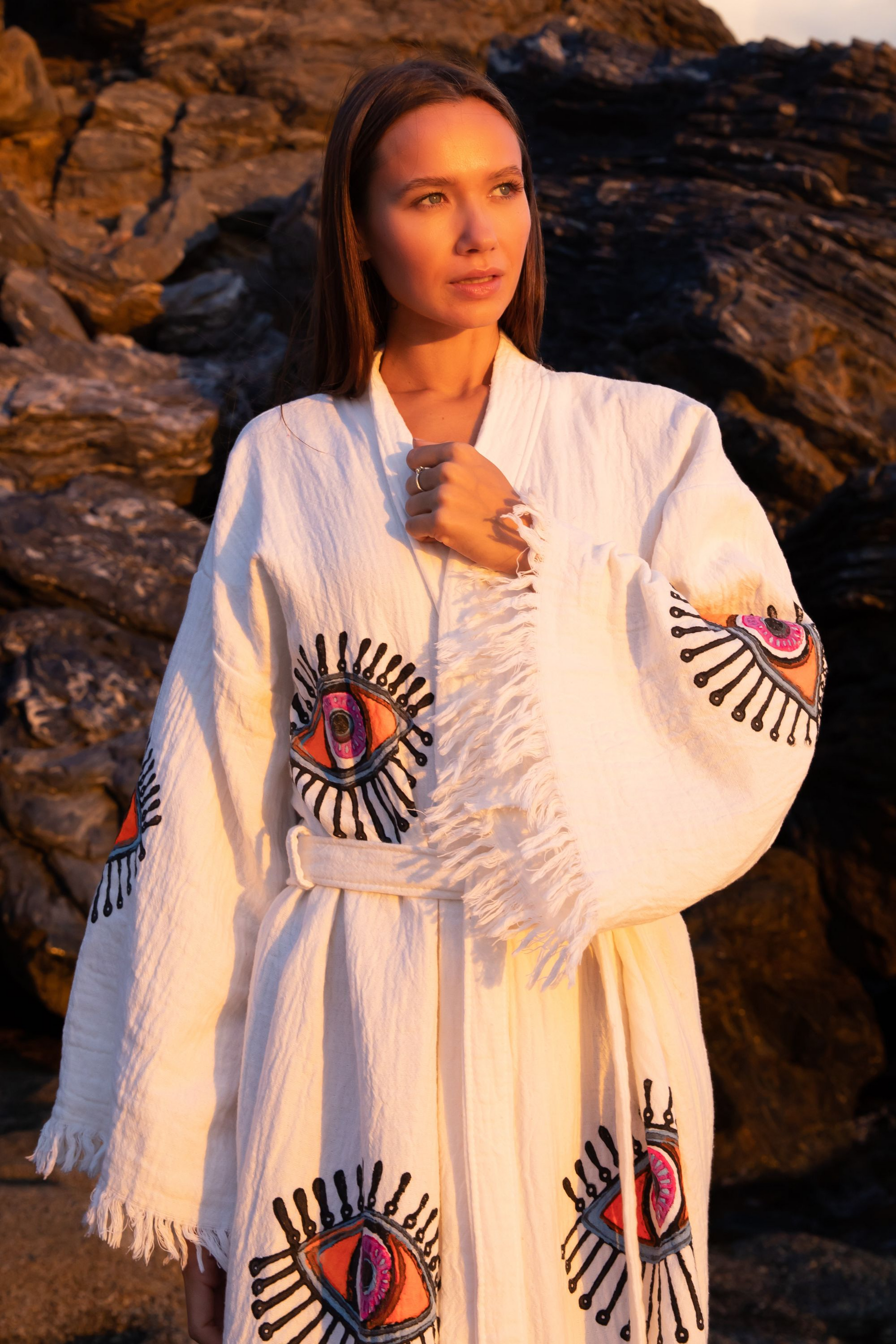 CREAM ORGANIC COTTON KIMONO WITH EVIL EYE DESIGN