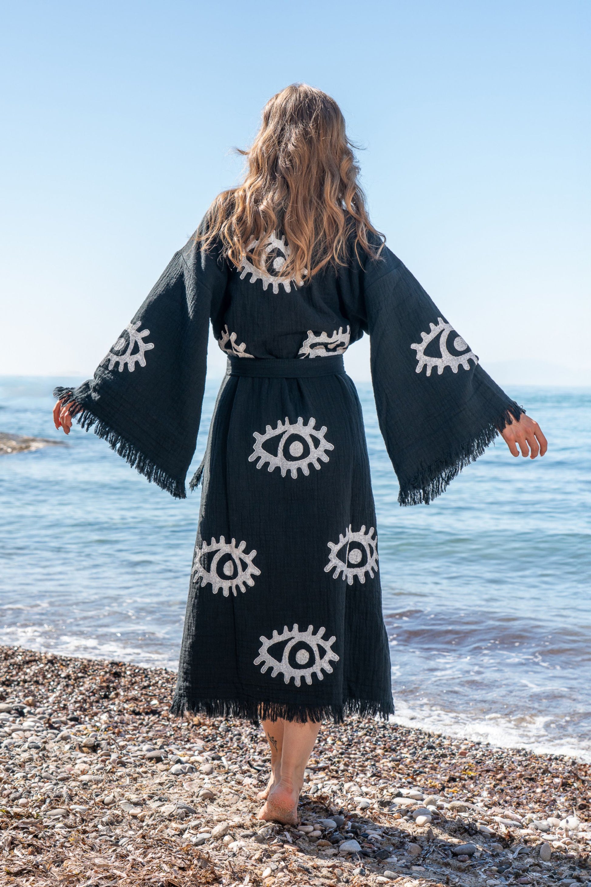 AZRA EVIL EYE ORGANIC COTTON KIMONO IN BLACK