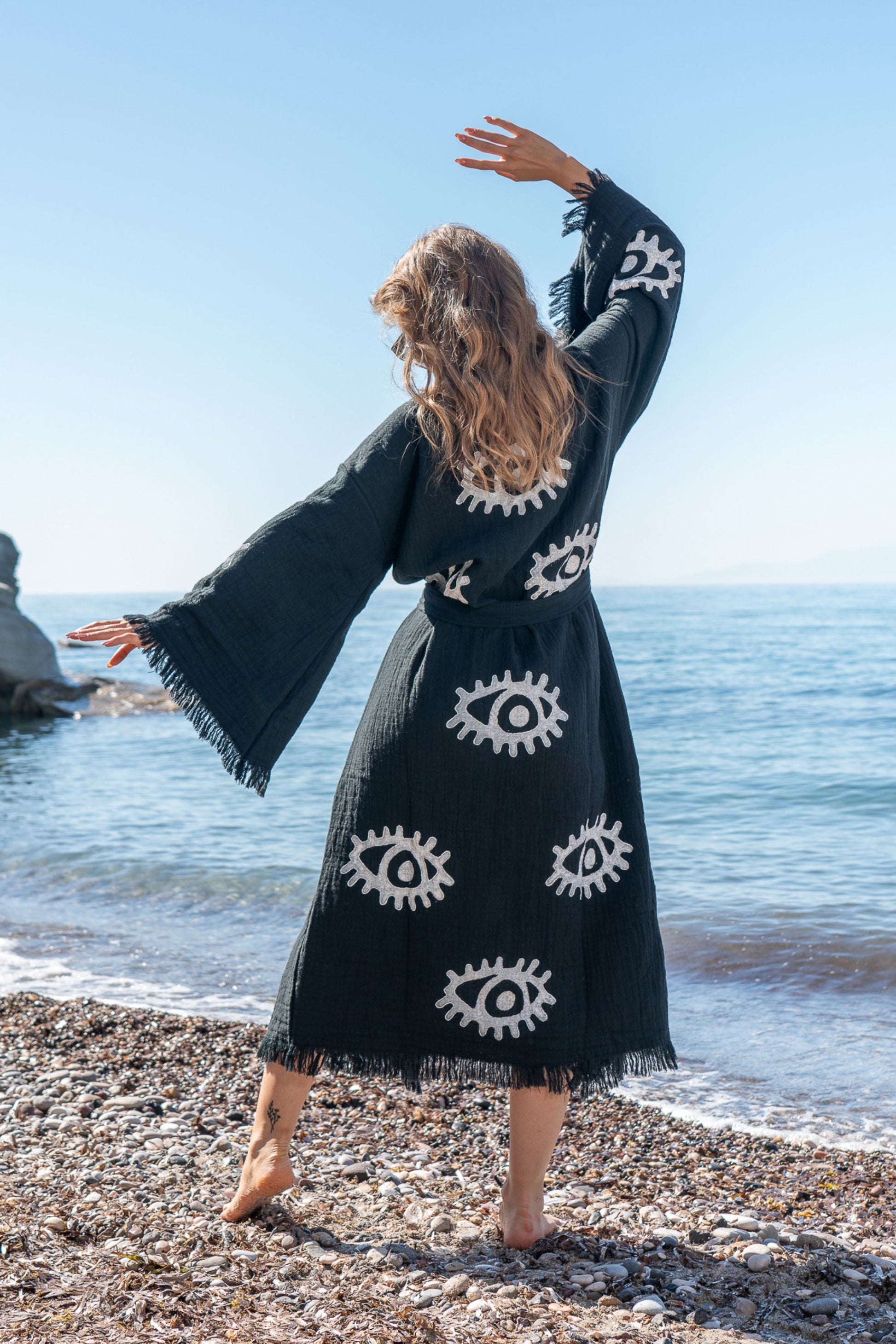 AZRA EVIL EYE ORGANIC COTTON KIMONO IN BLACK
