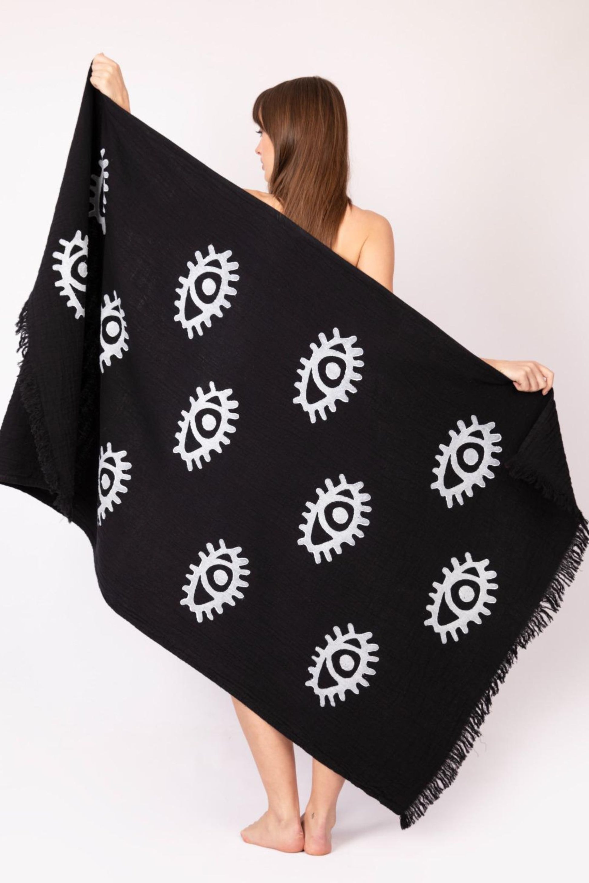 BLACK EVIL EYE ORGANIC COTTON PESHTEMAL BEACH TOWEL