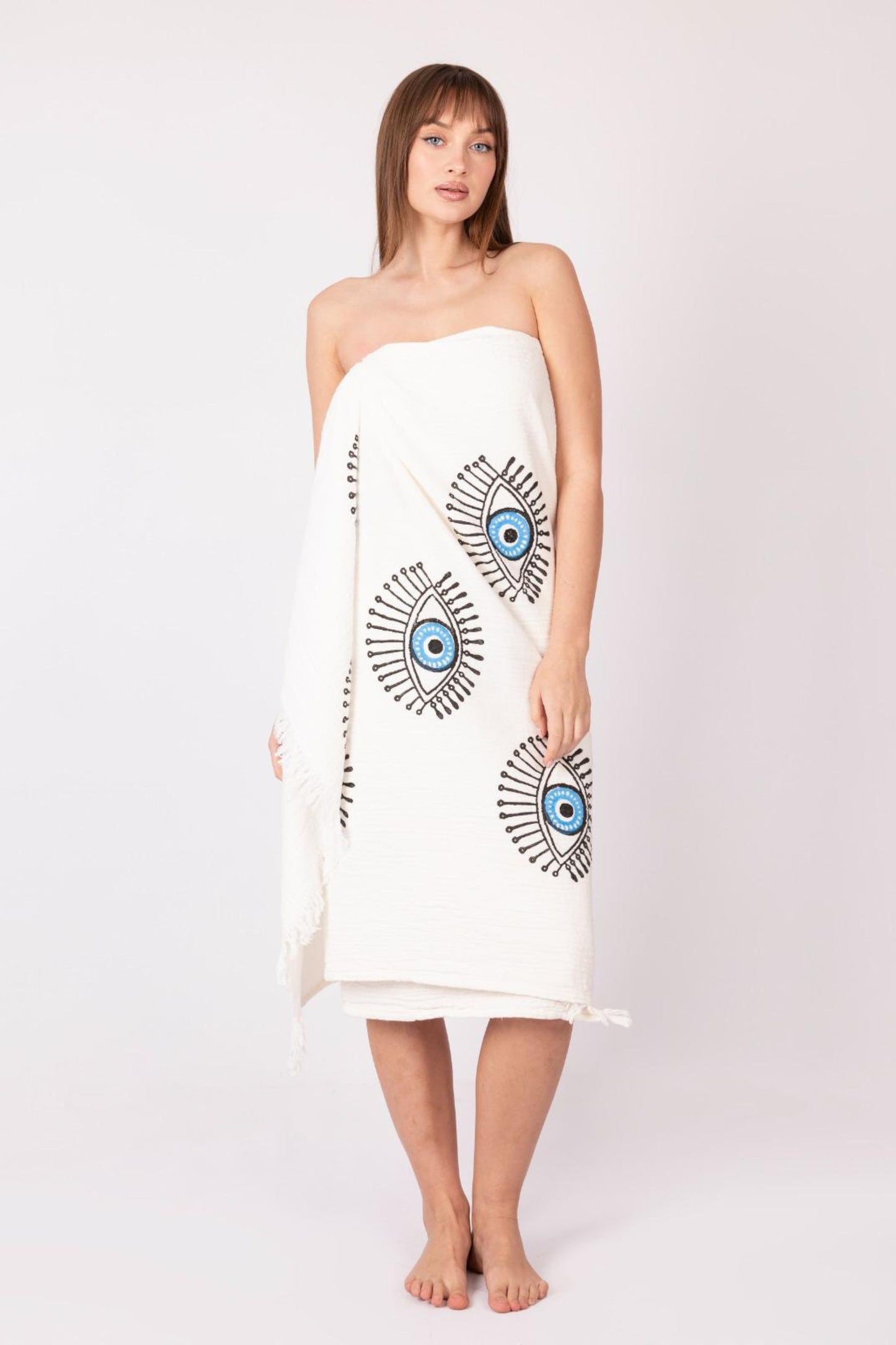 CREAM EVIL EYE ORGANIC COTTON PESHTEMAL BEACH TOWEL