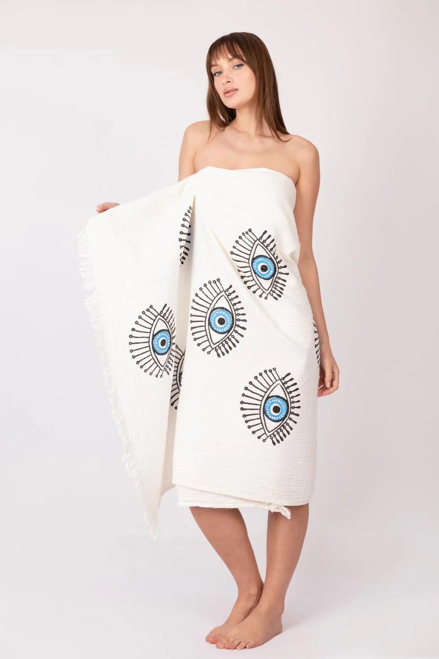 CREAM EVIL EYE ORGANIC COTTON PESHTEMAL BEACH TOWEL