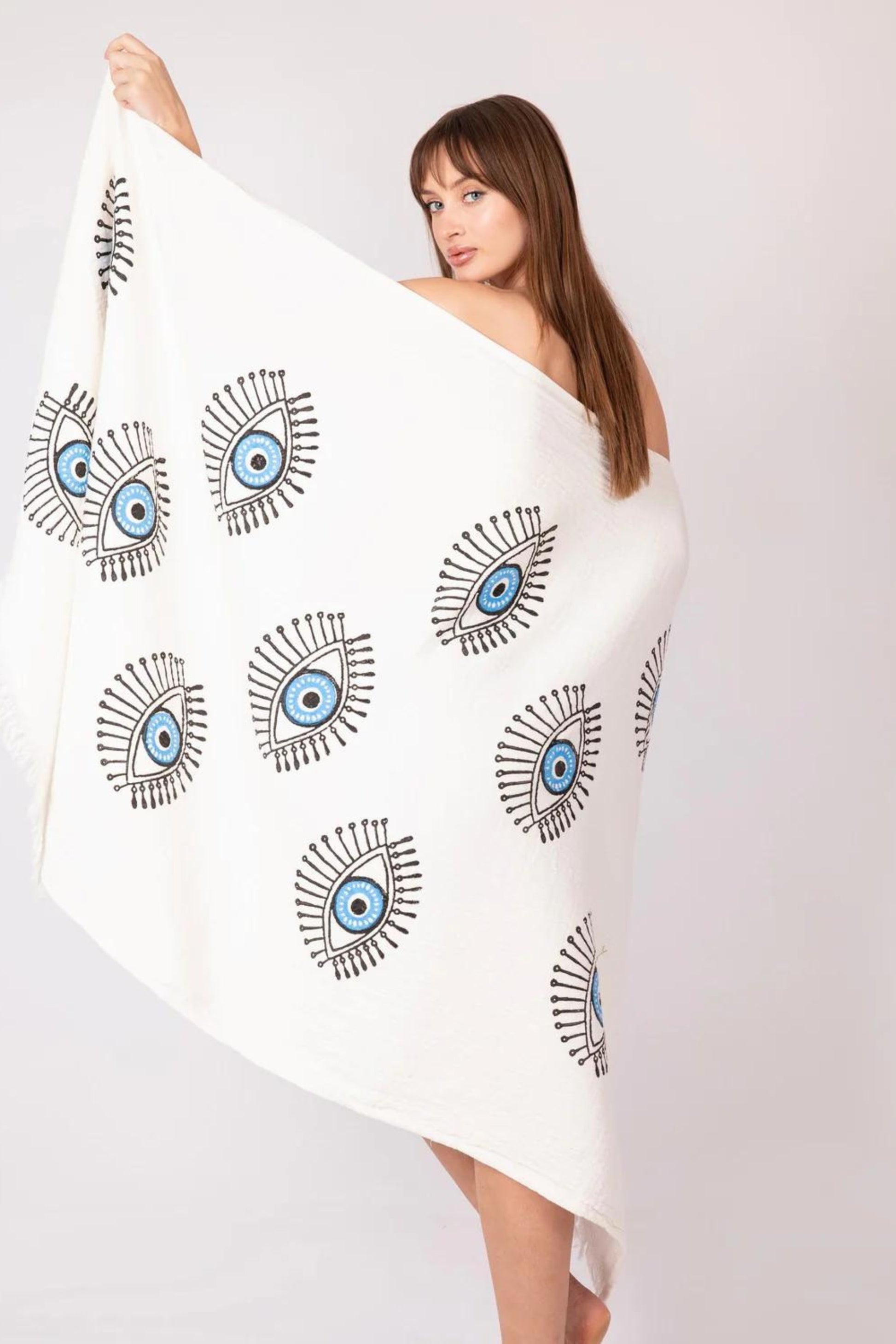 CREAM EVIL EYE ORGANIC COTTON PESHTEMAL BEACH TOWEL