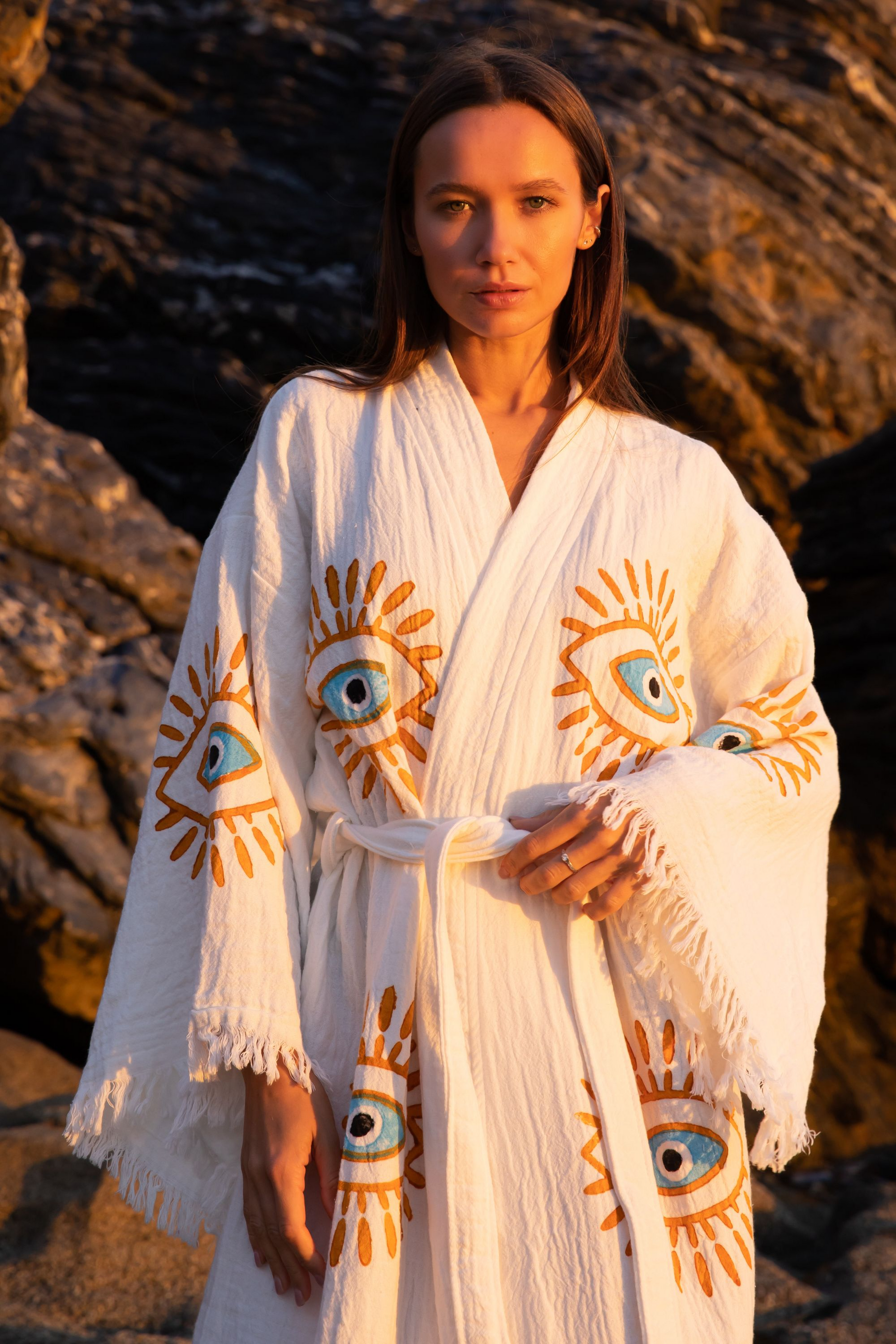 CREAM ORGANIC COTTON KIMONO WITH EVIL EYE DESIGN