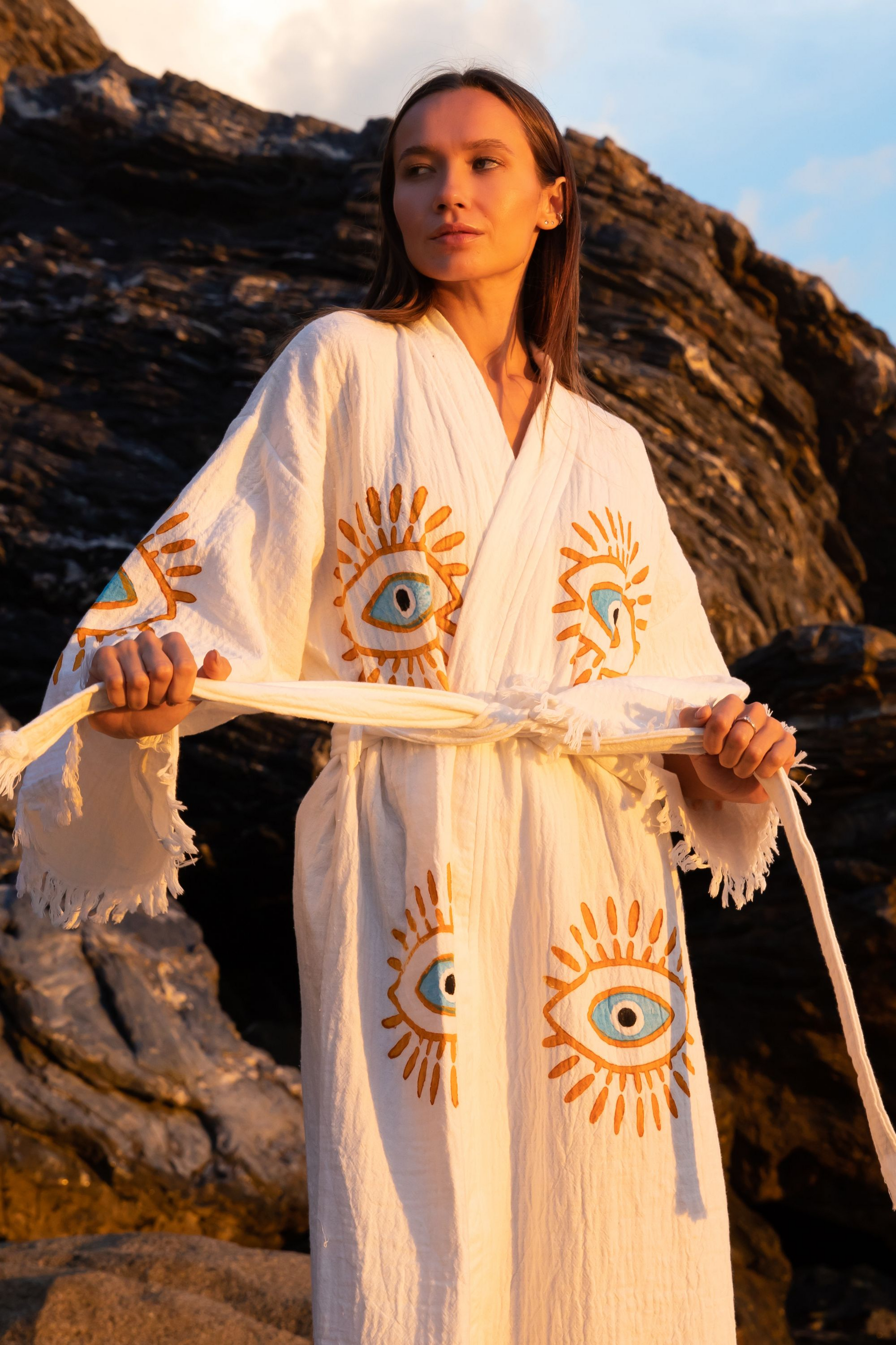 CREAM ORGANIC COTTON KIMONO WITH EVIL EYE DESIGN