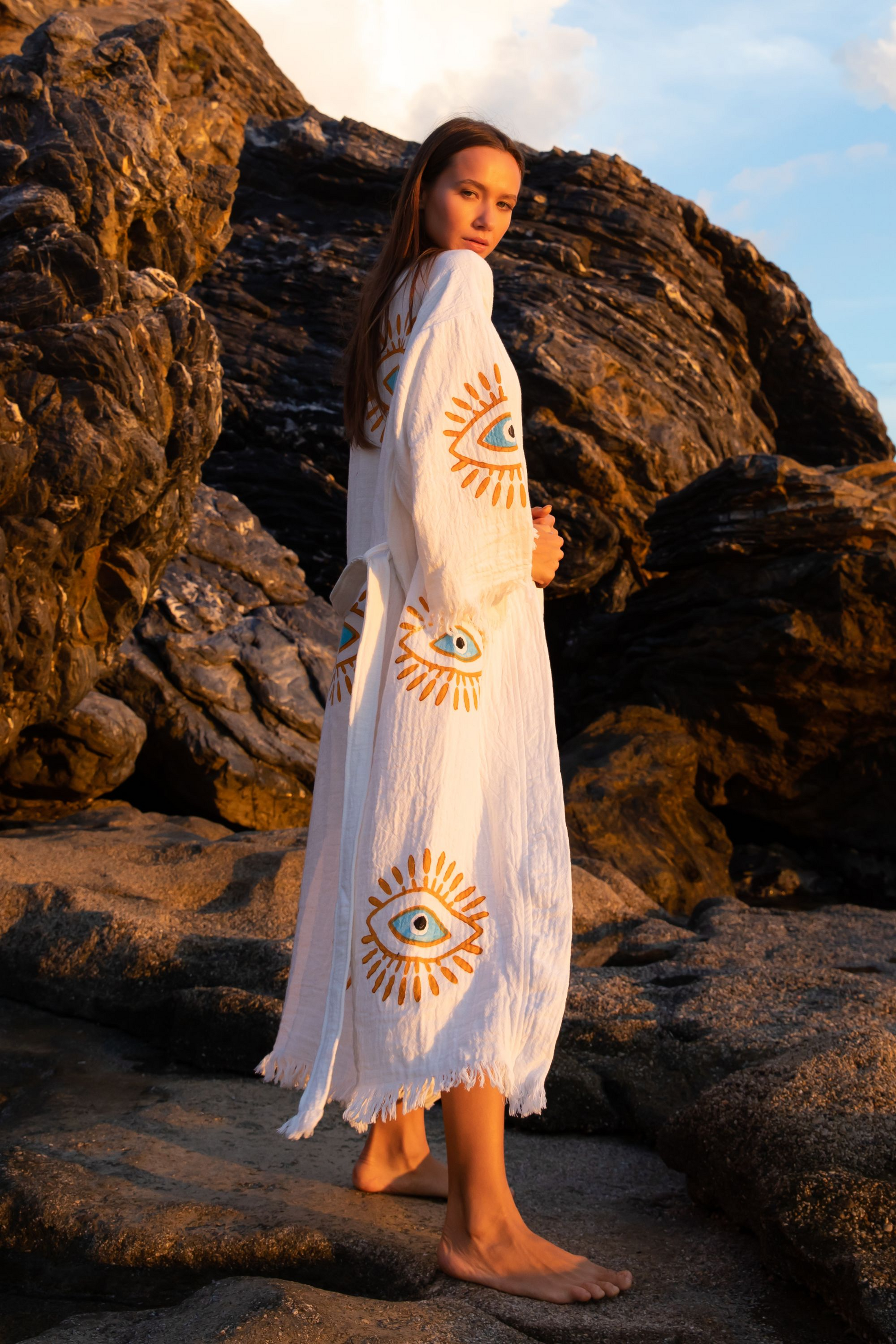 CREAM ORGANIC COTTON KIMONO WITH EVIL EYE DESIGN