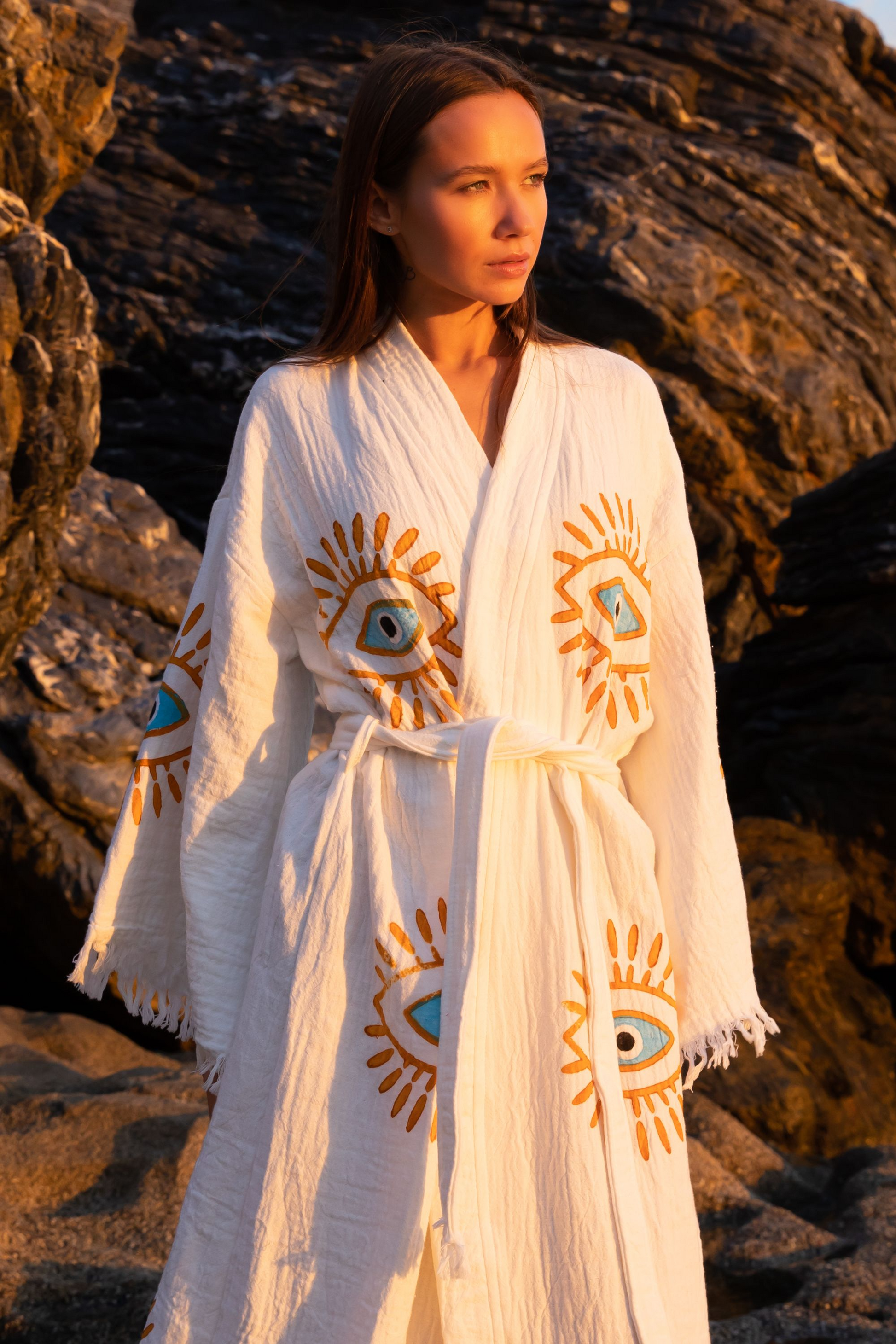 CREAM ORGANIC COTTON KIMONO WITH EVIL EYE DESIGN