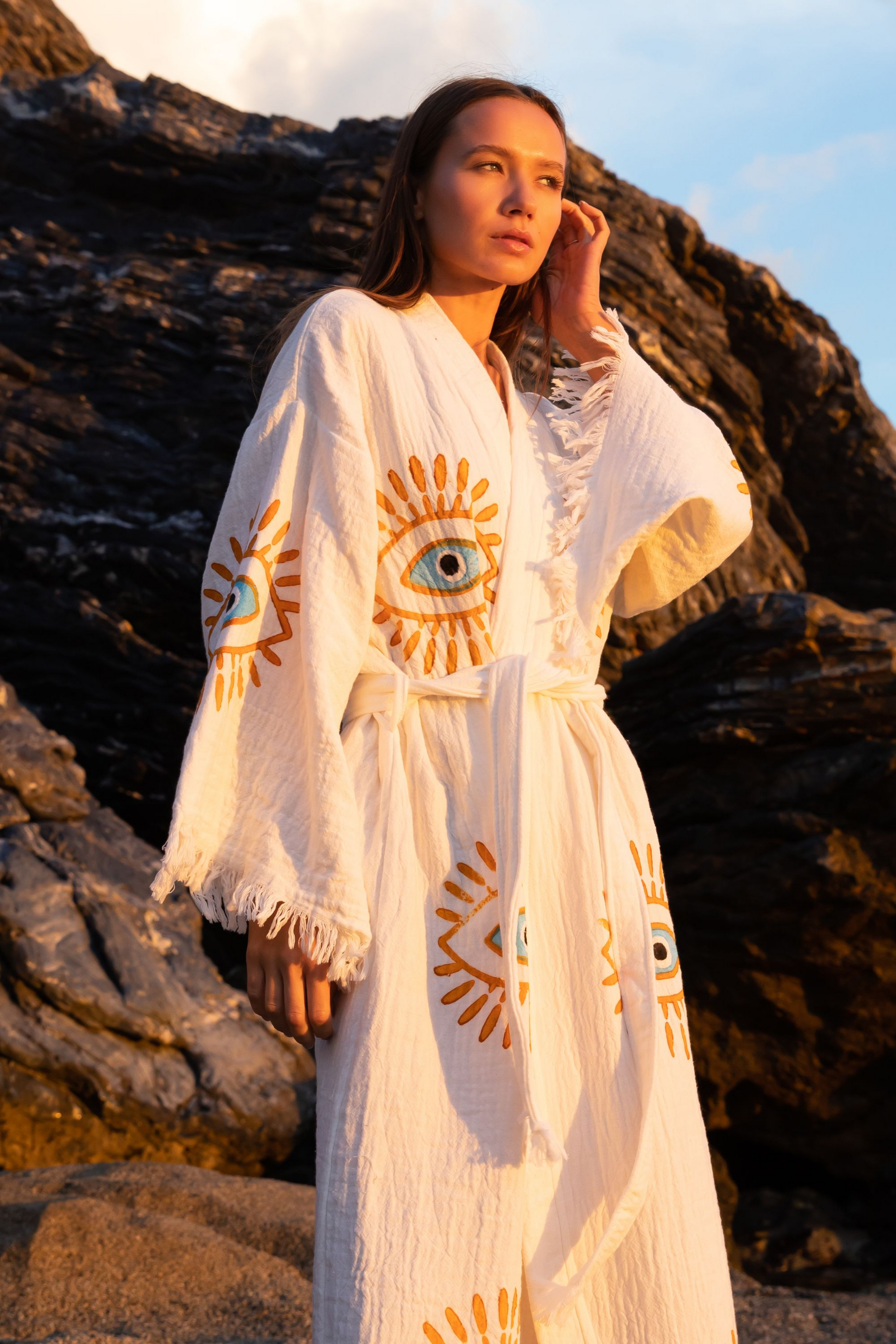 CREAM ORGANIC COTTON KIMONO WITH EVIL EYE DESIGN