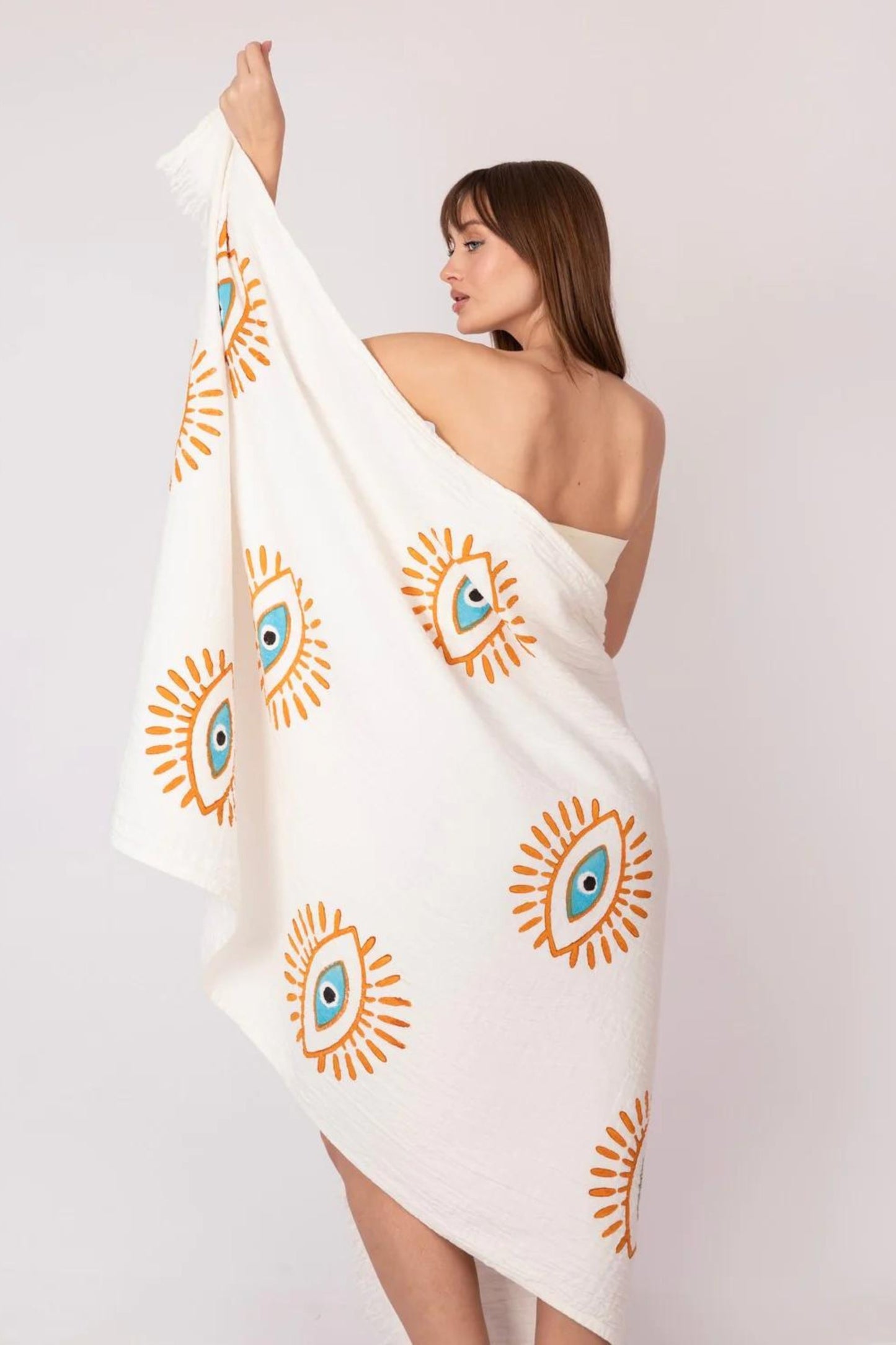 CREAM EVIL EYE ORGANIC COTTON PESHTEMAL BEACH TOWEL