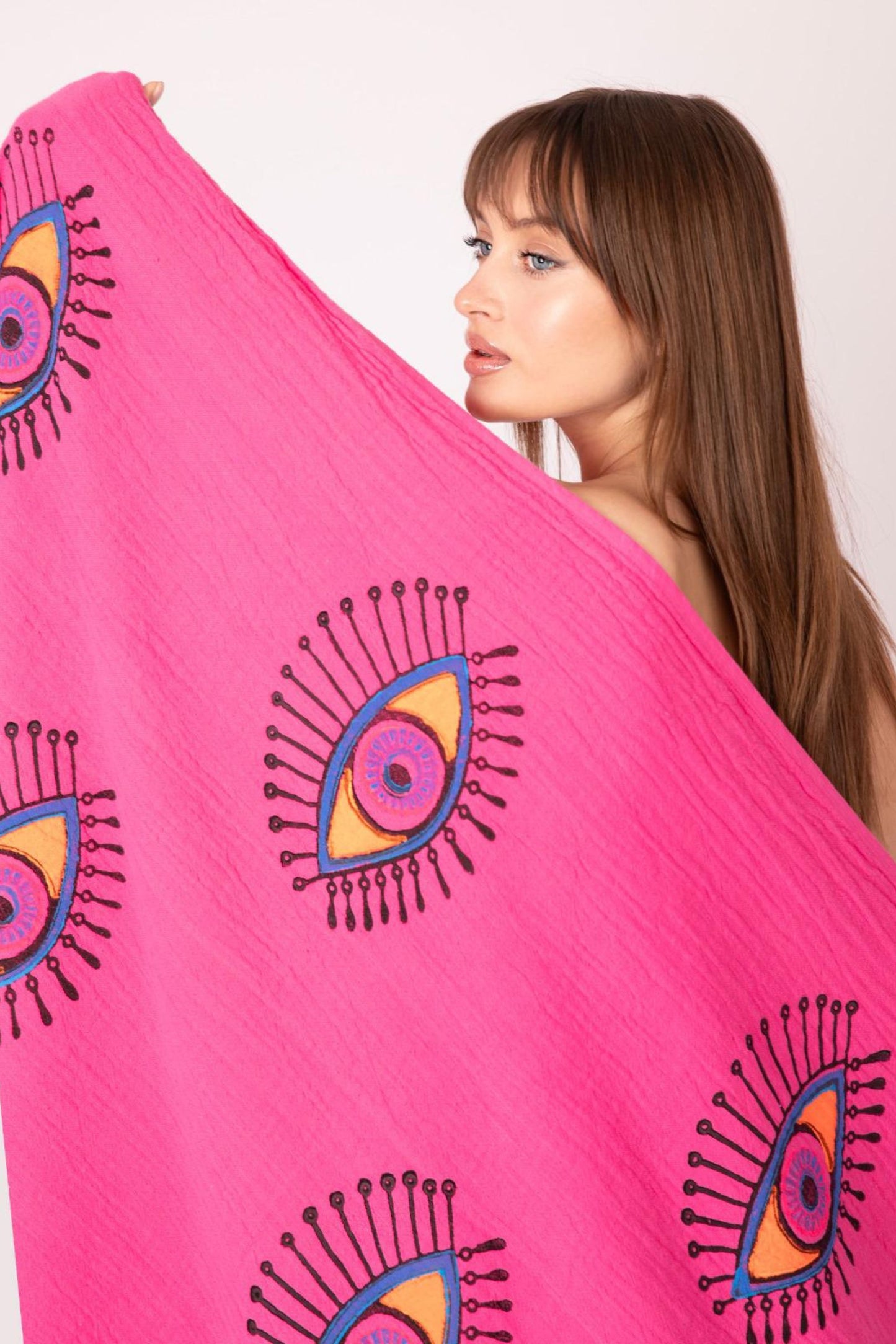 PINK EVIL EYE ORGANIC COTTON PESHTEMAL BEACH TOWEL