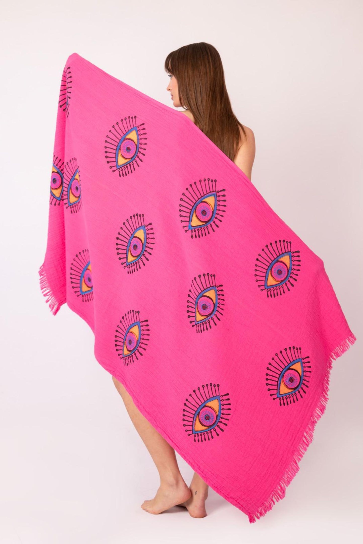 PINK EVIL EYE ORGANIC COTTON PESHTEMAL BEACH TOWEL