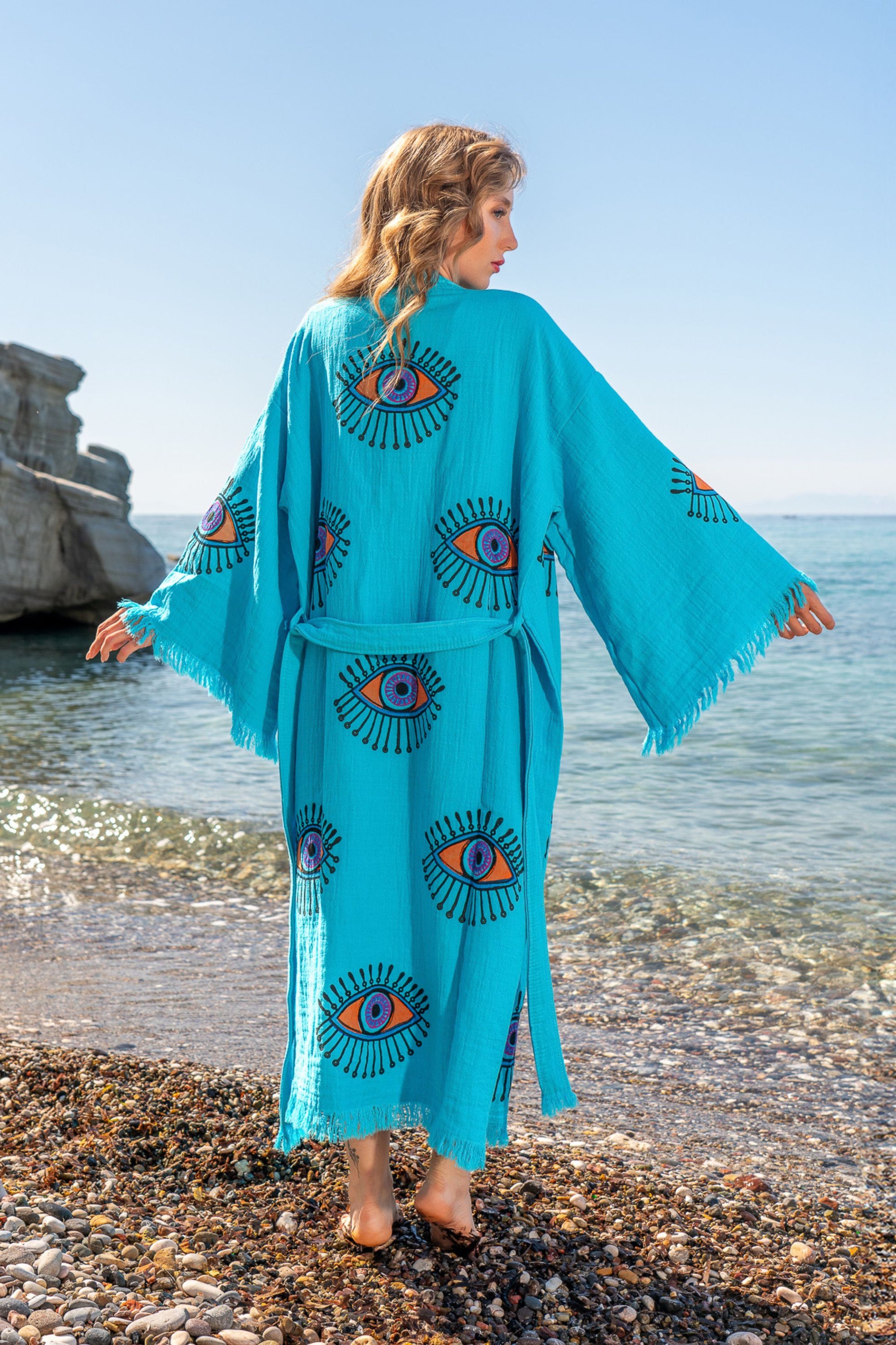 EVIL EYE COTTON KIMONO ROBE IN TURQUOISE