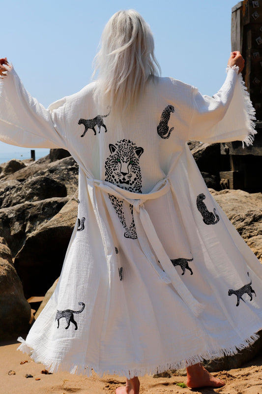 WILD BLACK LEOPARD CREAM ORGANIC COTTON KIMONO