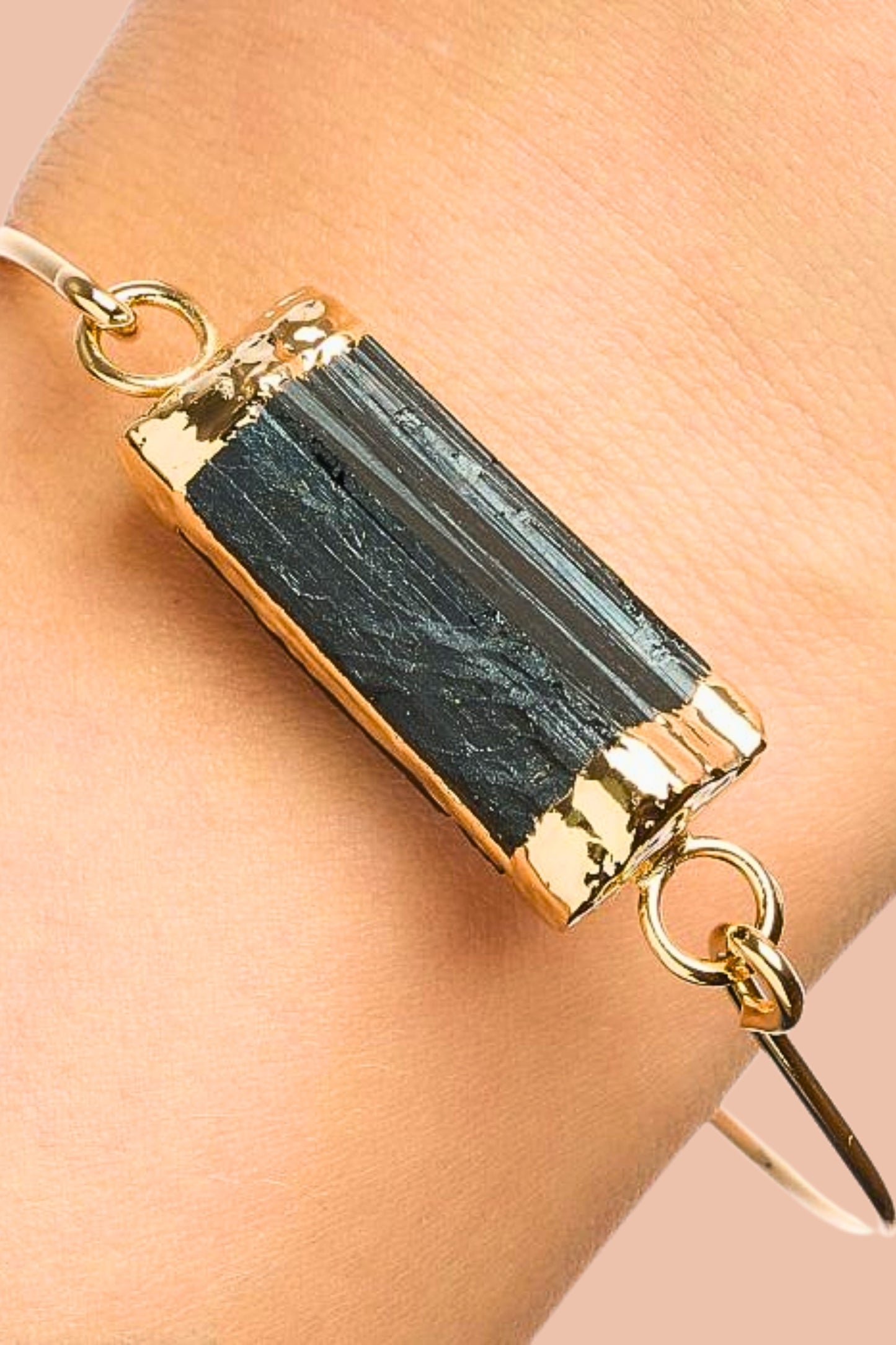 Gold-plated Black tourmaline crystal bangle by Meraki Beach - Wear Your Energy Crystal Collection.
