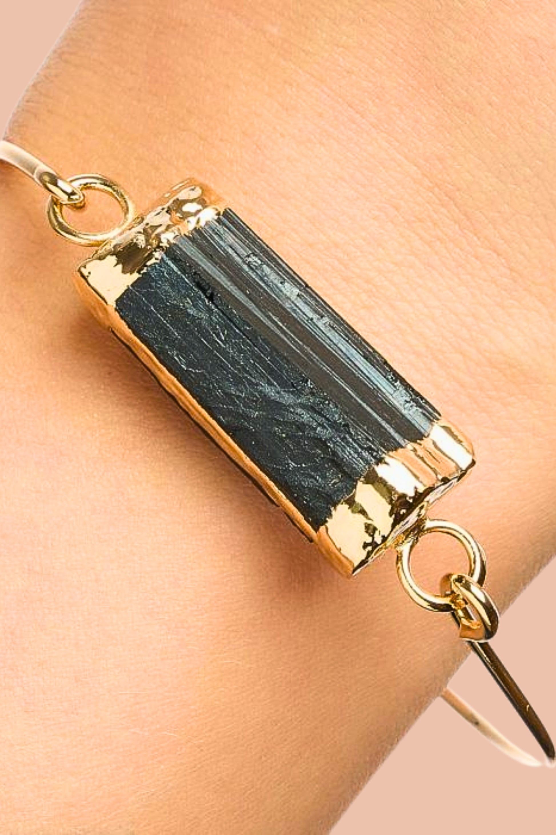 Gold-plated Black tourmaline crystal bangle by Meraki Beach - Wear Your Energy Crystal Collection.