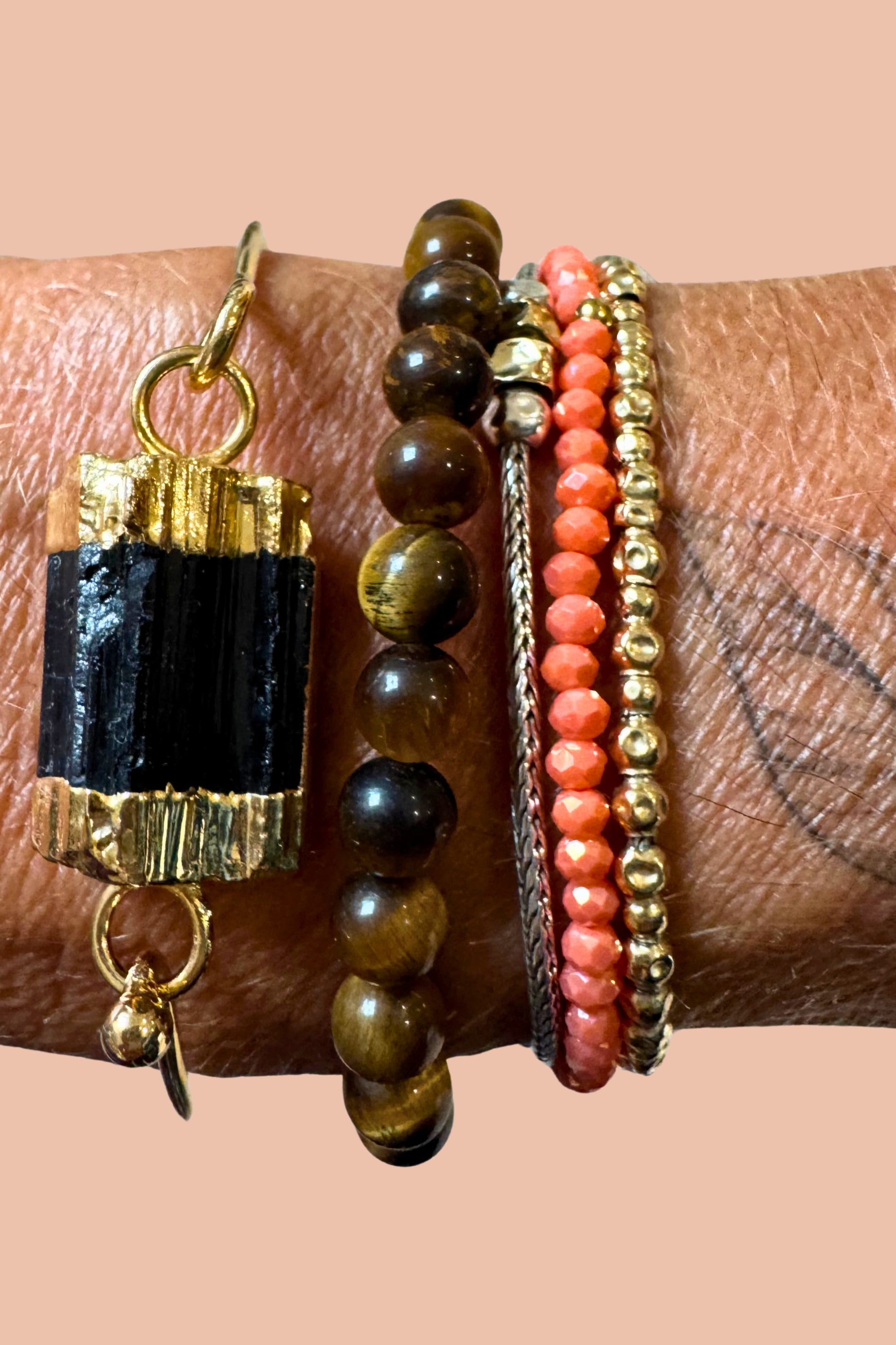 Gold-plated Black tourmaline crystal bangle by Meraki Beach - Wear Your Energy Crystal Collection.