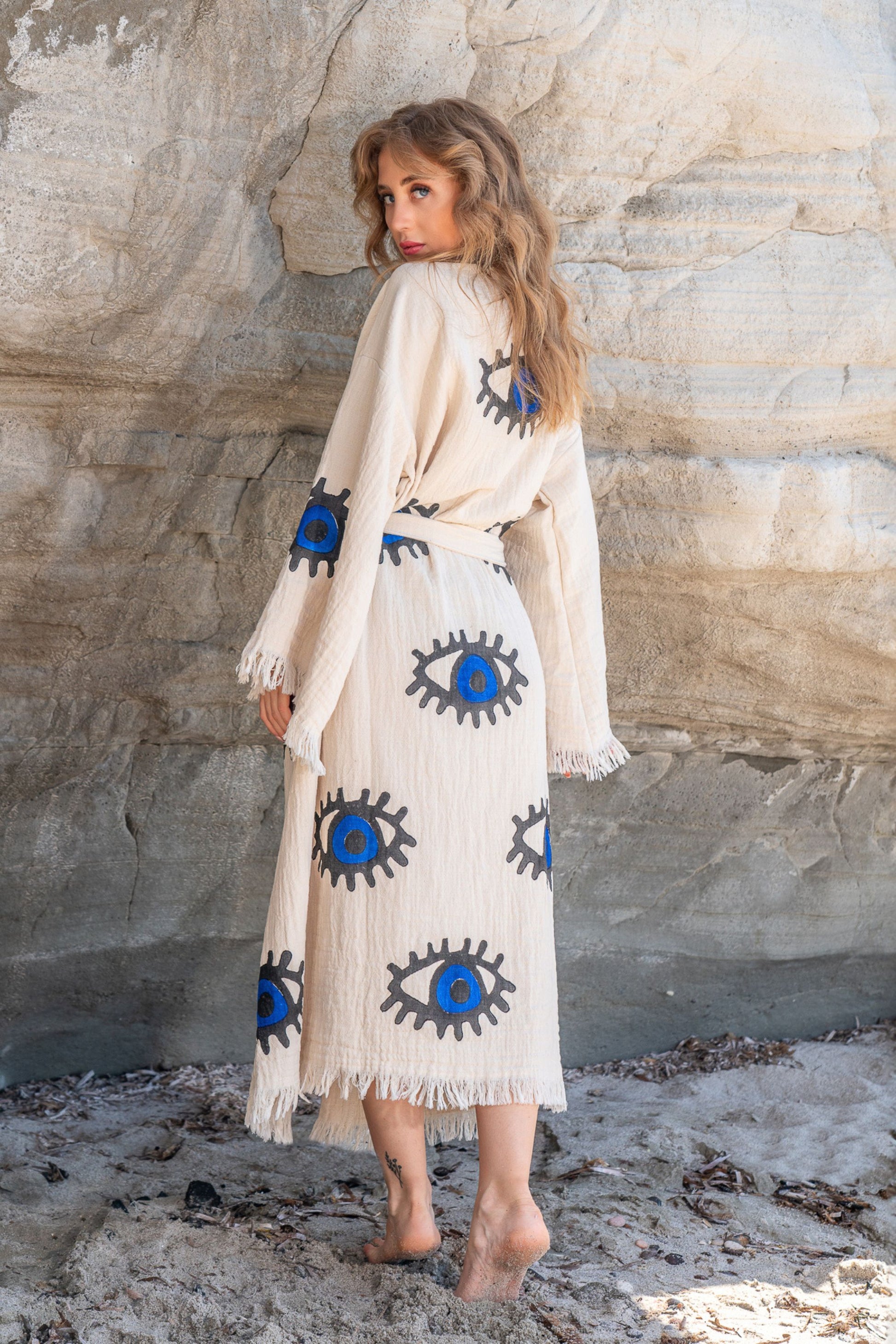 BLUE EVIL EYE KIMONO IN NATURAL