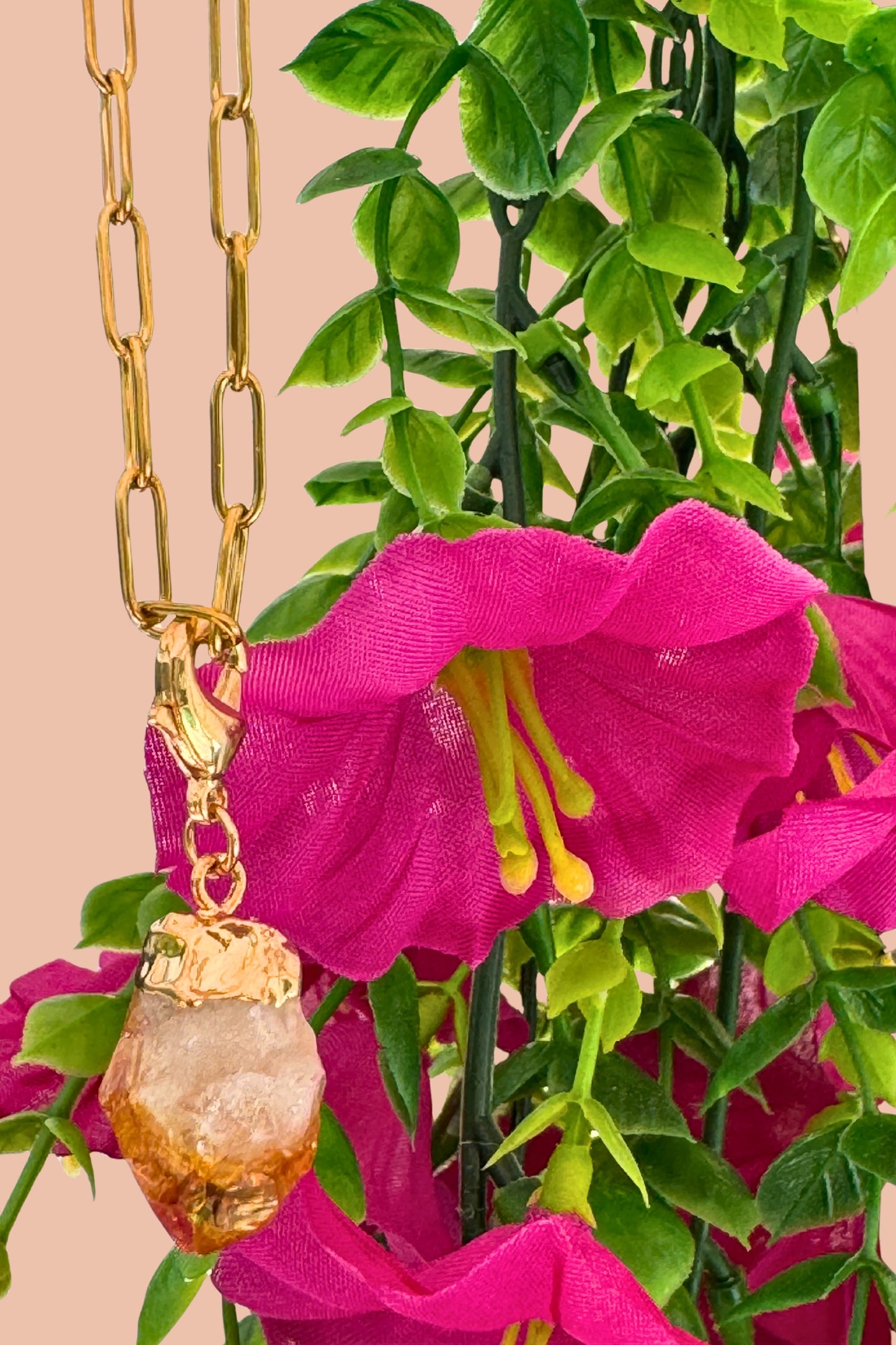 Citrine crystal charm on interchangeable gold chain necklace by Meraki Rituals