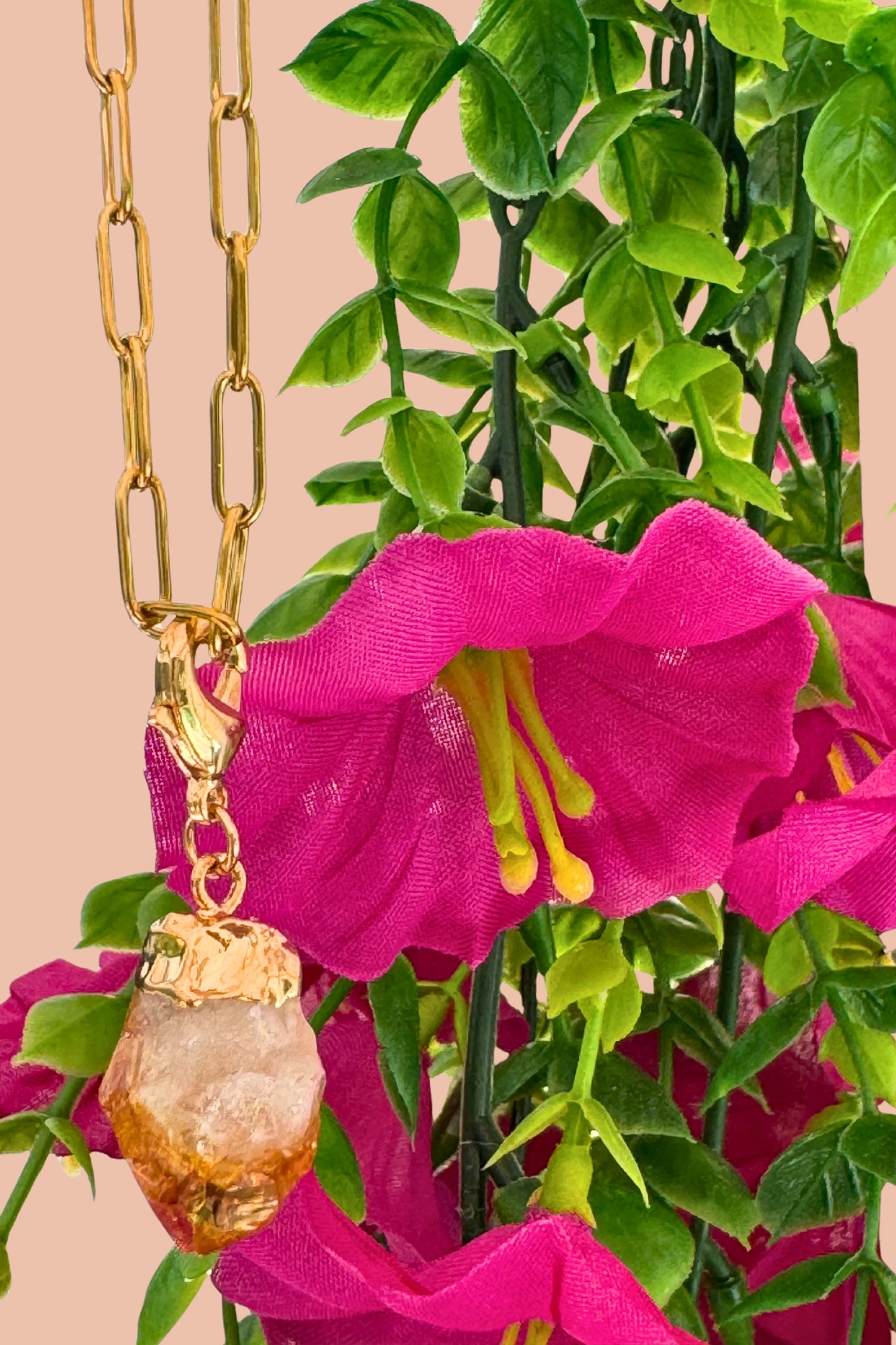 Citrine crystal charm on interchangeable gold chain necklace by Meraki Rituals