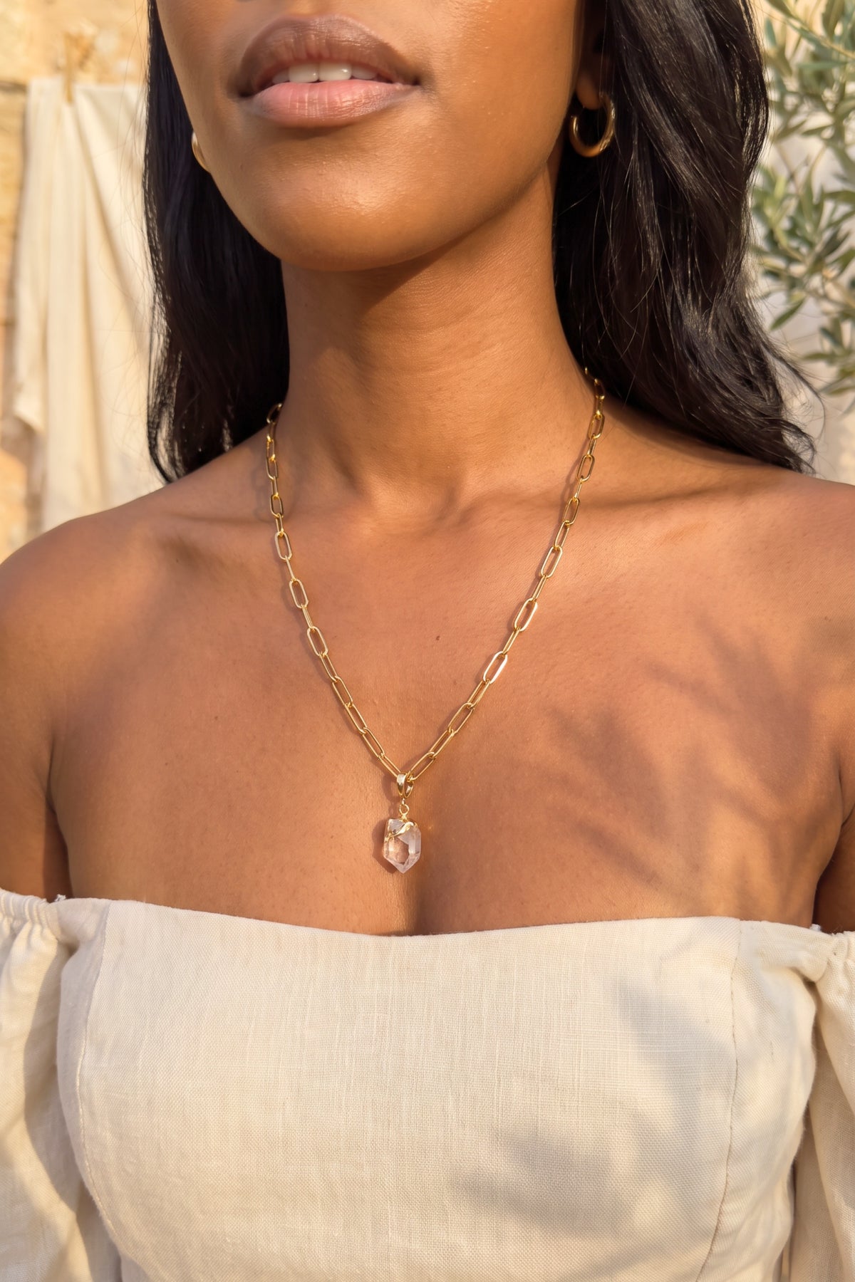 Meraki Rituals gold-plated stainless steel chain necklace with Clear Quartz  crystal charm - interchangeable charms.