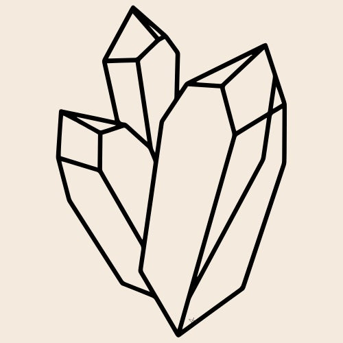 A minimalist black line art illustration of a crystal cluster, centered on a solid light beige background.