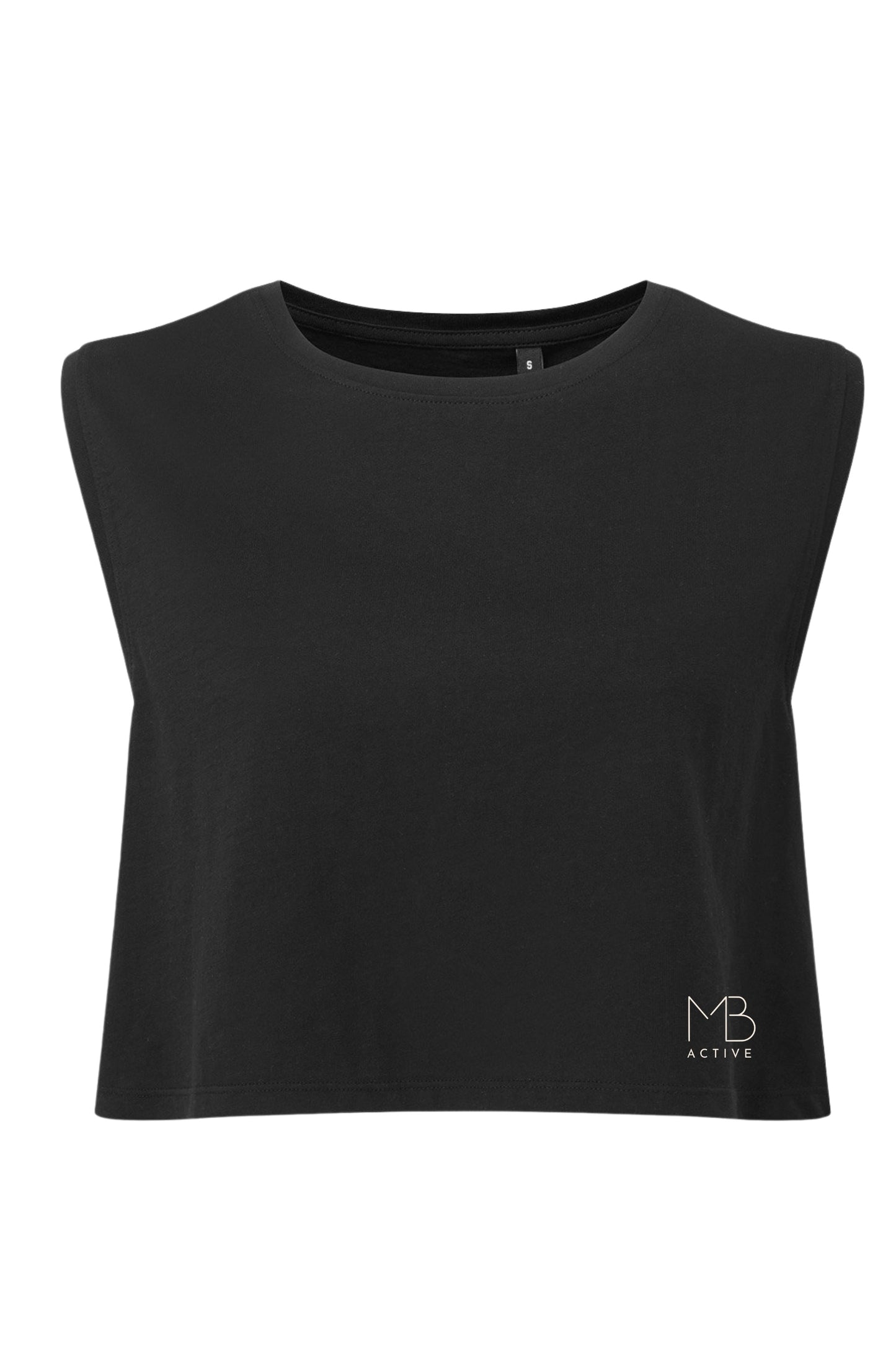 FLOW Organic Cotton Cropped Tank by MB Active in Black – sustainable UK athleisure crop top made from organic cotton, OEKO-TEX eco dyed, breathable gym & yoga wear for women, cooling comfort for workouts and hormonal changes