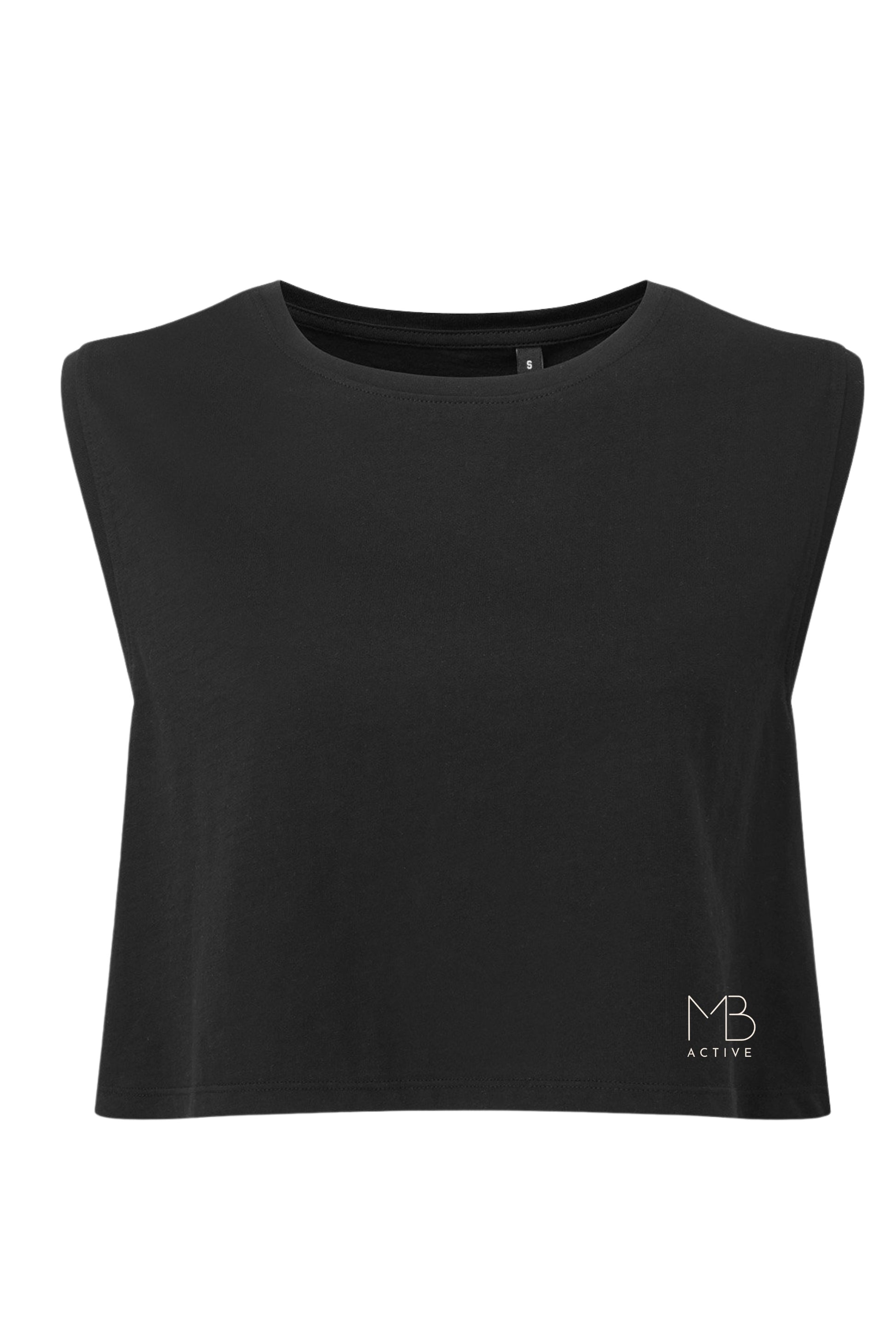 FLOW Organic Cotton Cropped Tank by MB Active in Black – sustainable UK athleisure crop top made from organic cotton, OEKO-TEX eco dyed, breathable gym & yoga wear for women, cooling comfort for workouts and hormonal changes