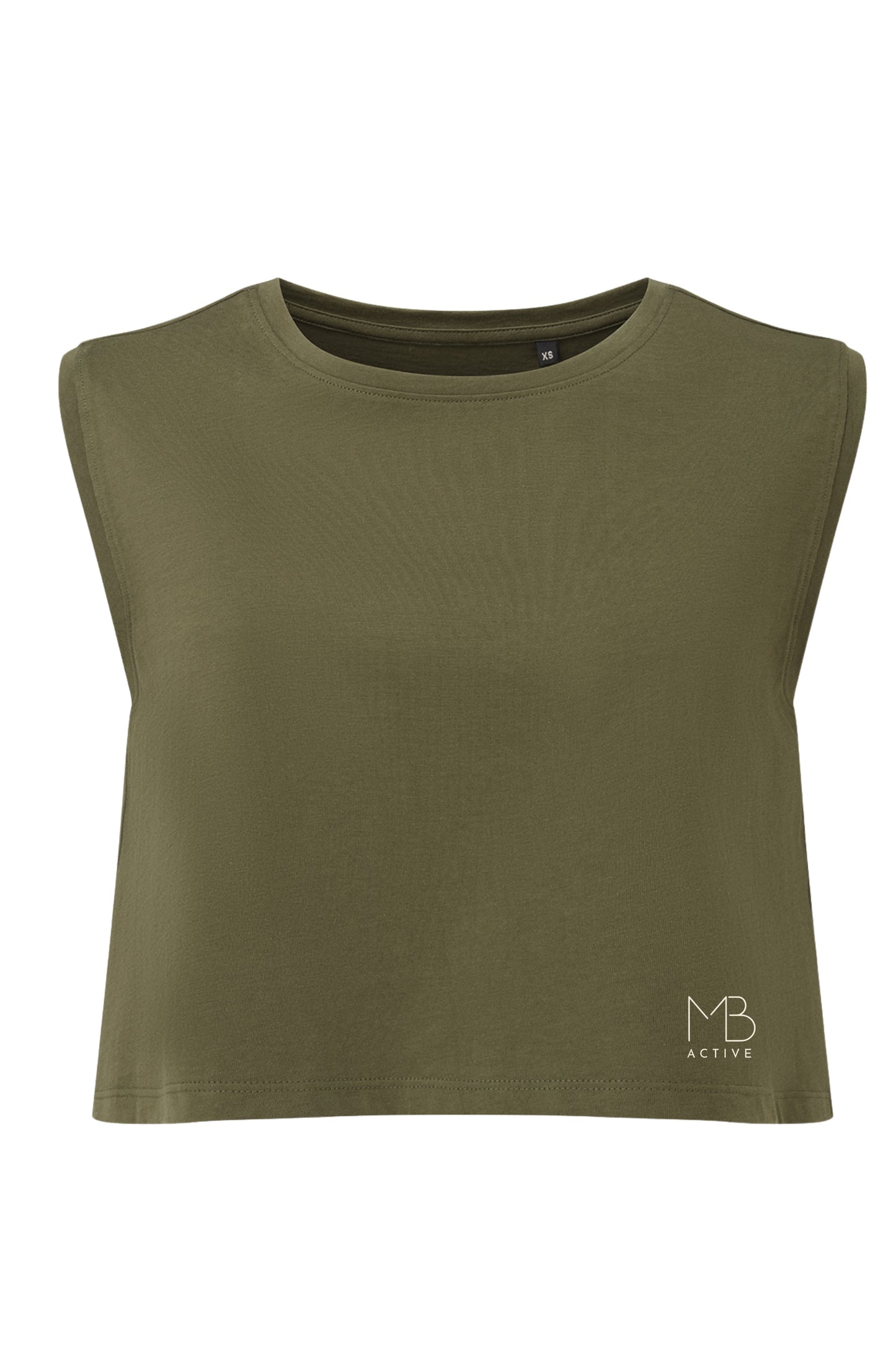 FLOW Organic Cotton Cropped Tank by MB Active in Olive green – sustainable UK athleisure crop top made from organic cotton, OEKO-TEX eco dyed, breathable gym & yoga wear for women, cooling comfort for workouts and hormonal changes