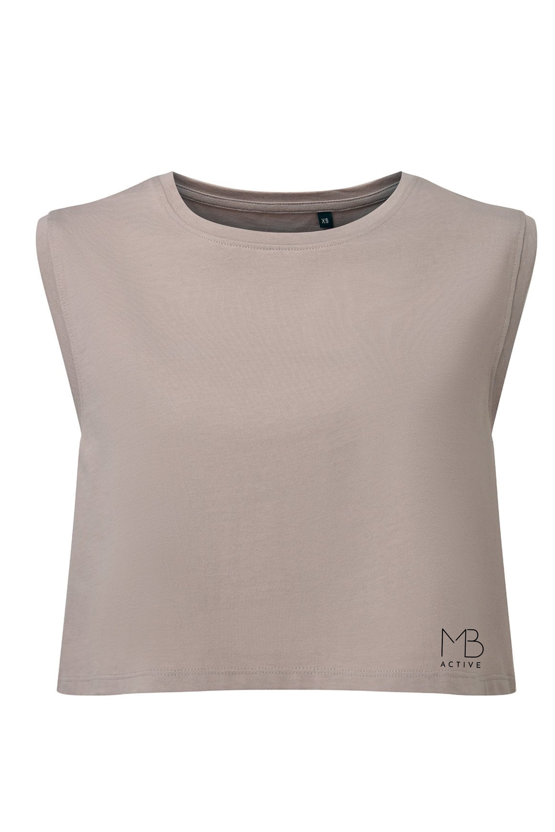 FLOW Organic Cotton Cropped Tank by MB Active in Stone – sustainable UK athleisure crop top made from organic cotton, OEKO-TEX eco dyed, breathable gym & yoga wear for women, cooling comfort for workouts and hormonal changes