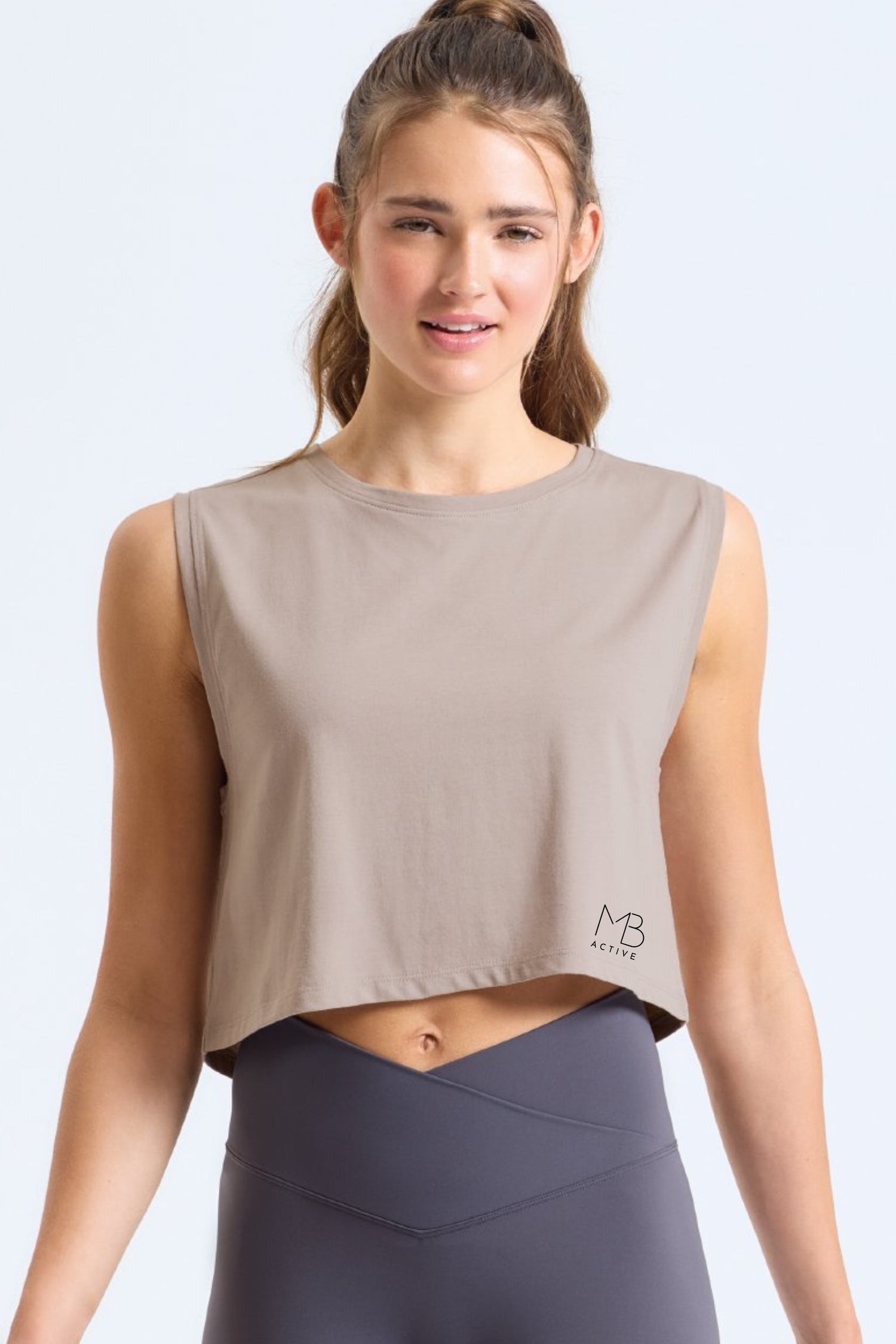 FLOW Organic Cotton Cropped Tank by MB Active in Stone – sustainable UK athleisure crop top made from organic cotton, OEKO-TEX eco dyed, breathable gym & yoga wear for women, cooling comfort for workouts and hormonal changes