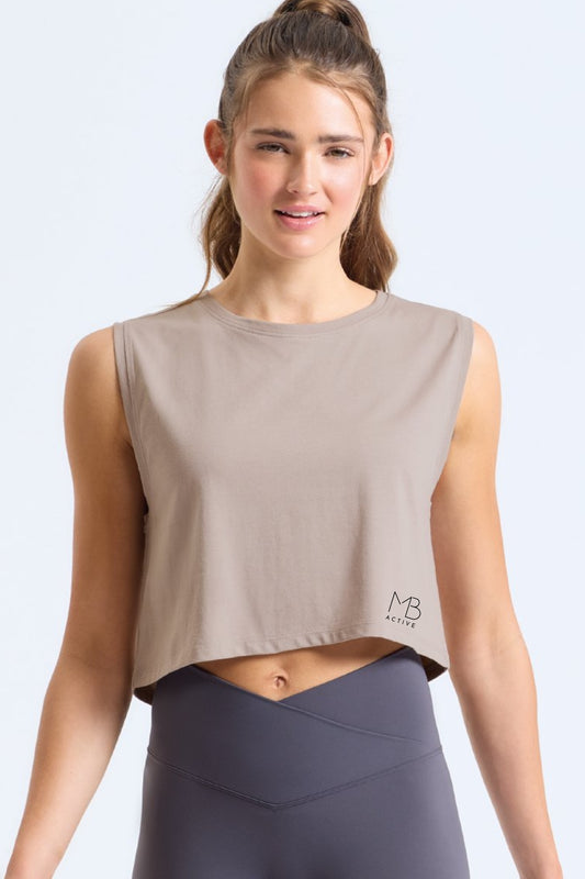 FLOW Organic Cotton Cropped Tank by MB Active in Stone – sustainable UK athleisure crop top made from organic cotton, OEKO-TEX eco dyed, breathable gym & yoga wear for women, cooling comfort for workouts and hormonal changes